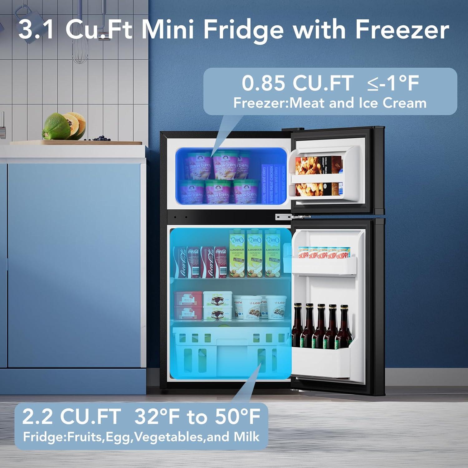 image31 CuFt Mini Fridge with Freezer 2 Door Compact Refrigerator Mini Fridge with Adjustable Removable Glass Shelves for Bedroom Office Dorm or Apartment BlackBlack