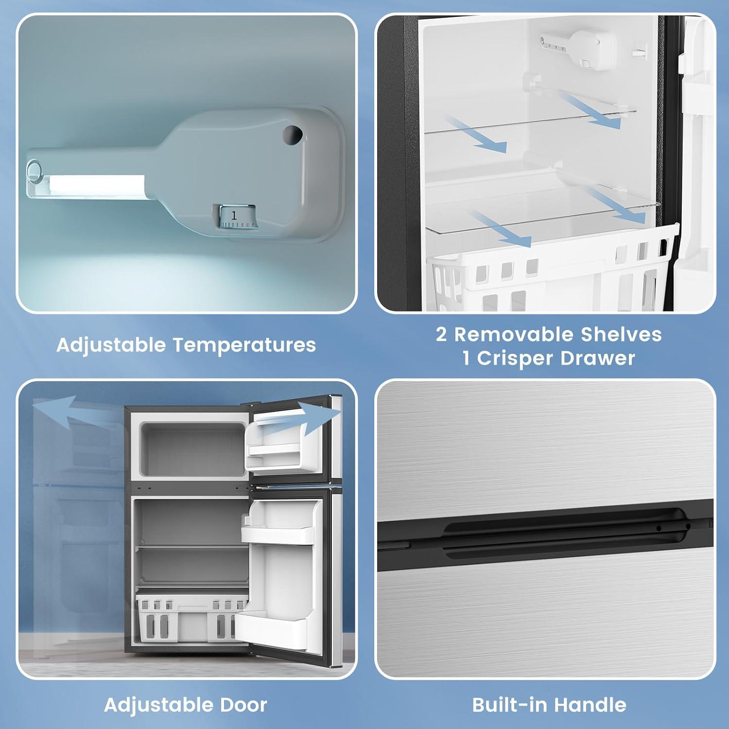 image31 CuFt Mini Fridge with Freezer 2 Door Compact Refrigerator Mini Fridge with Adjustable Removable Glass Shelves for Bedroom Office Dorm or Apartment BlackSilver