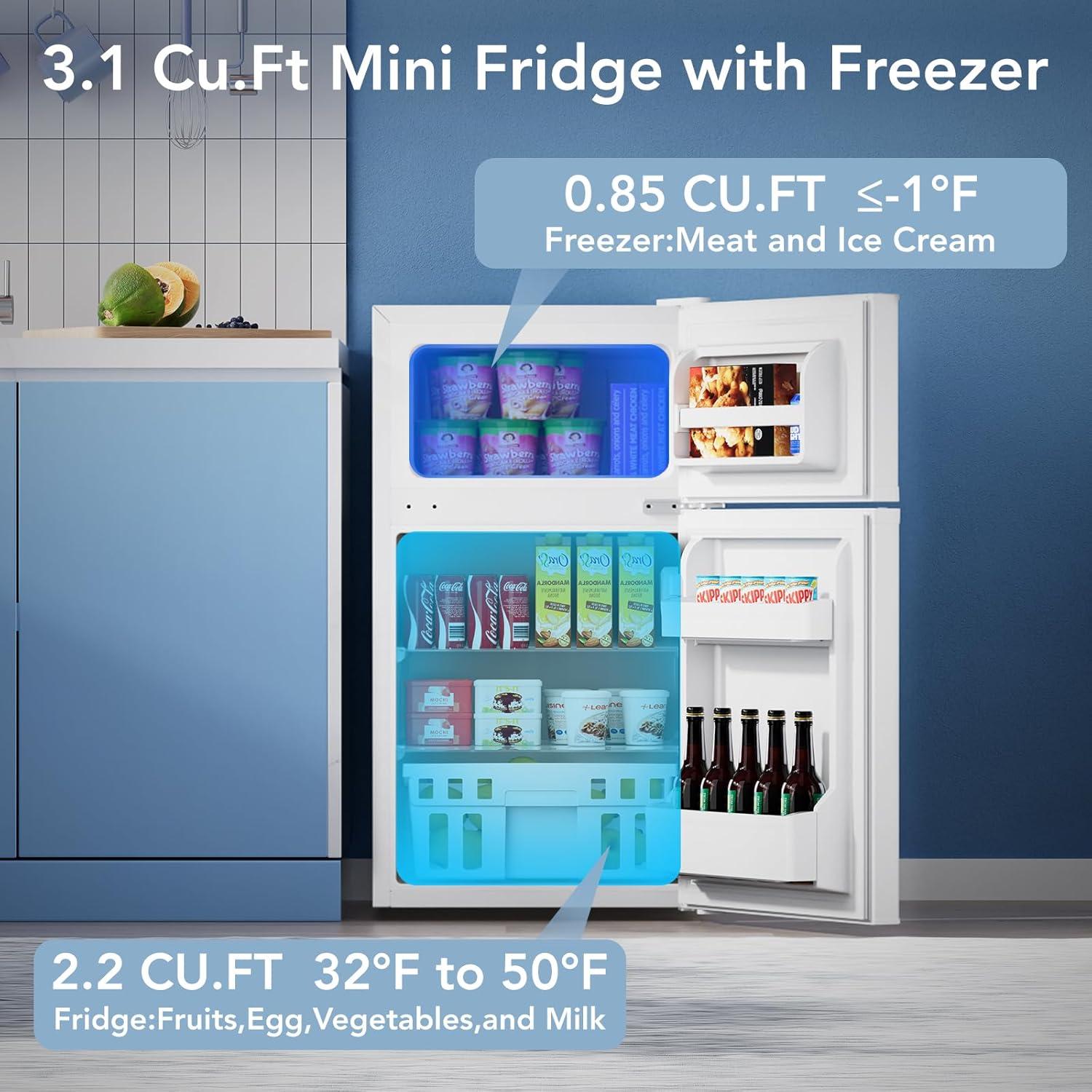 image31 CuFt Mini Fridge with Freezer 2 Door Compact Refrigerator Mini Fridge with Adjustable Removable Glass Shelves for Bedroom Office Dorm or Apartment BlackWhite