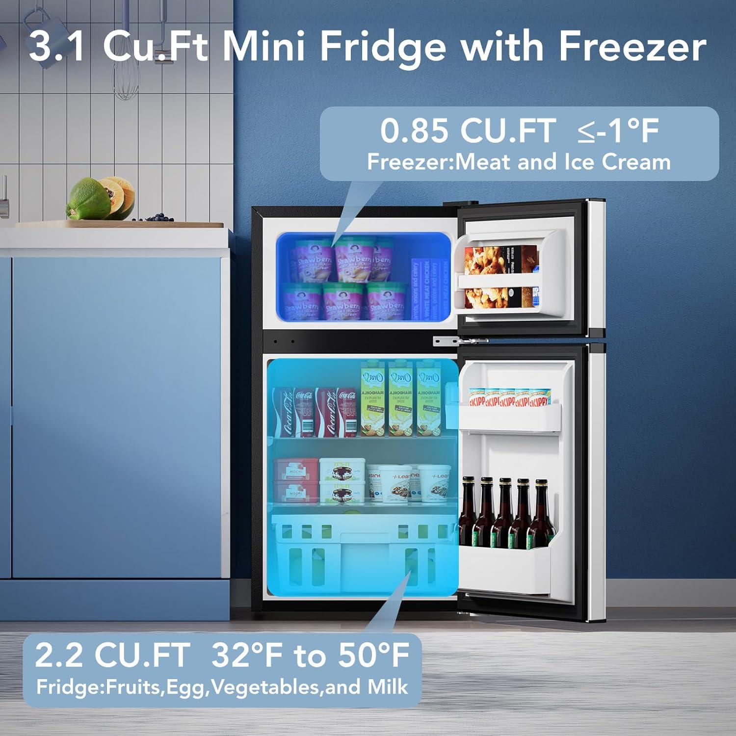 image31 CuFt Mini Fridge with Freezer 2 Door Compact Refrigerator Mini Fridge with Adjustable Removable Glass Shelves for Bedroom Office Dorm or Apartment BlackSilver