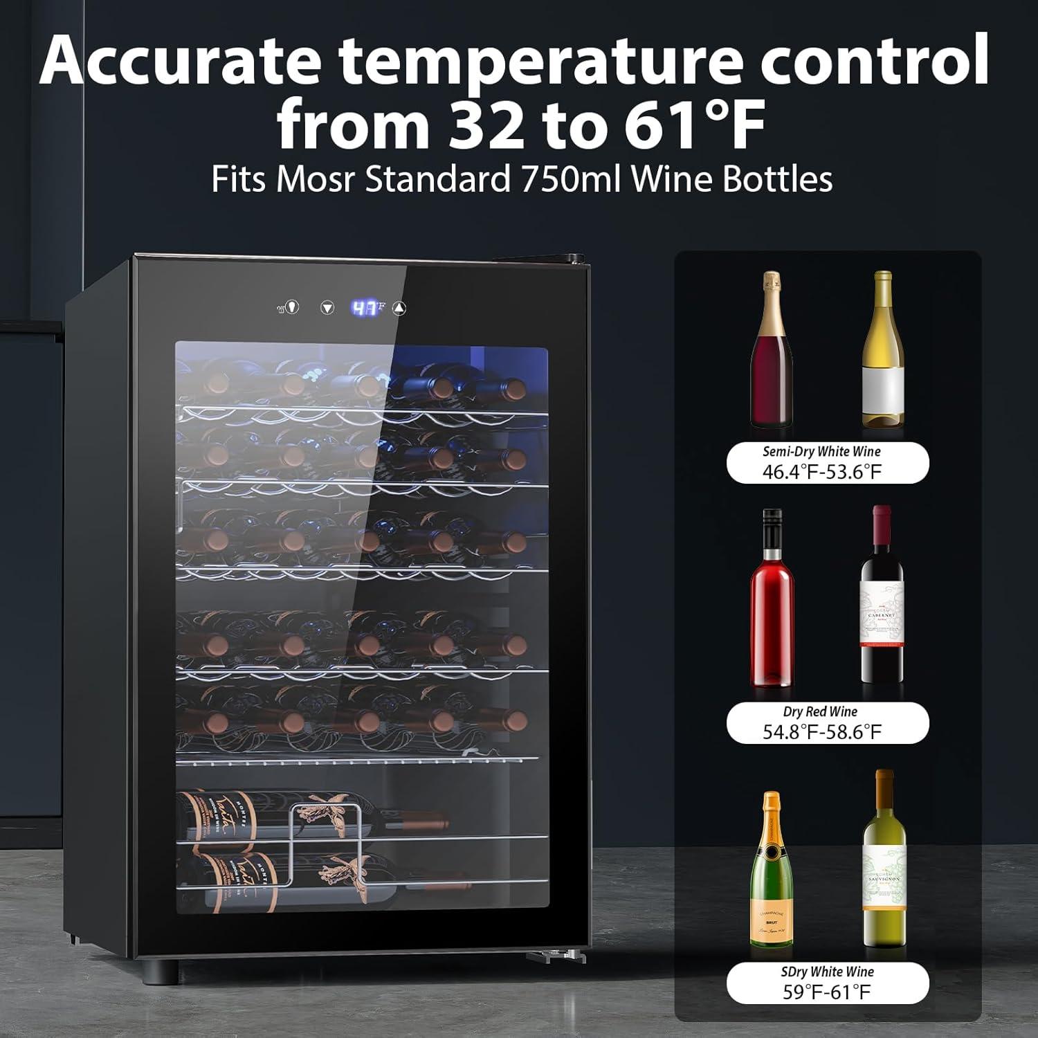 image46 Bottle 234 Inches Refrigerator Wine Fridge for Red White Champagne Beer Temperature 41F68F Freestanding Builtin Glass Door 53 CuftDual Zone SilverBlack