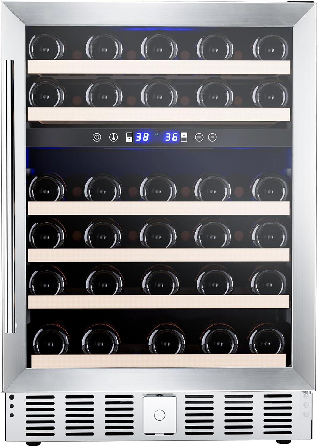 image46 Bottle 234 Inches Refrigerator Wine Fridge for Red White Champagne Beer Temperature 41F68F Freestanding Builtin Glass Door 53 CuftDual Zone SilverSilver