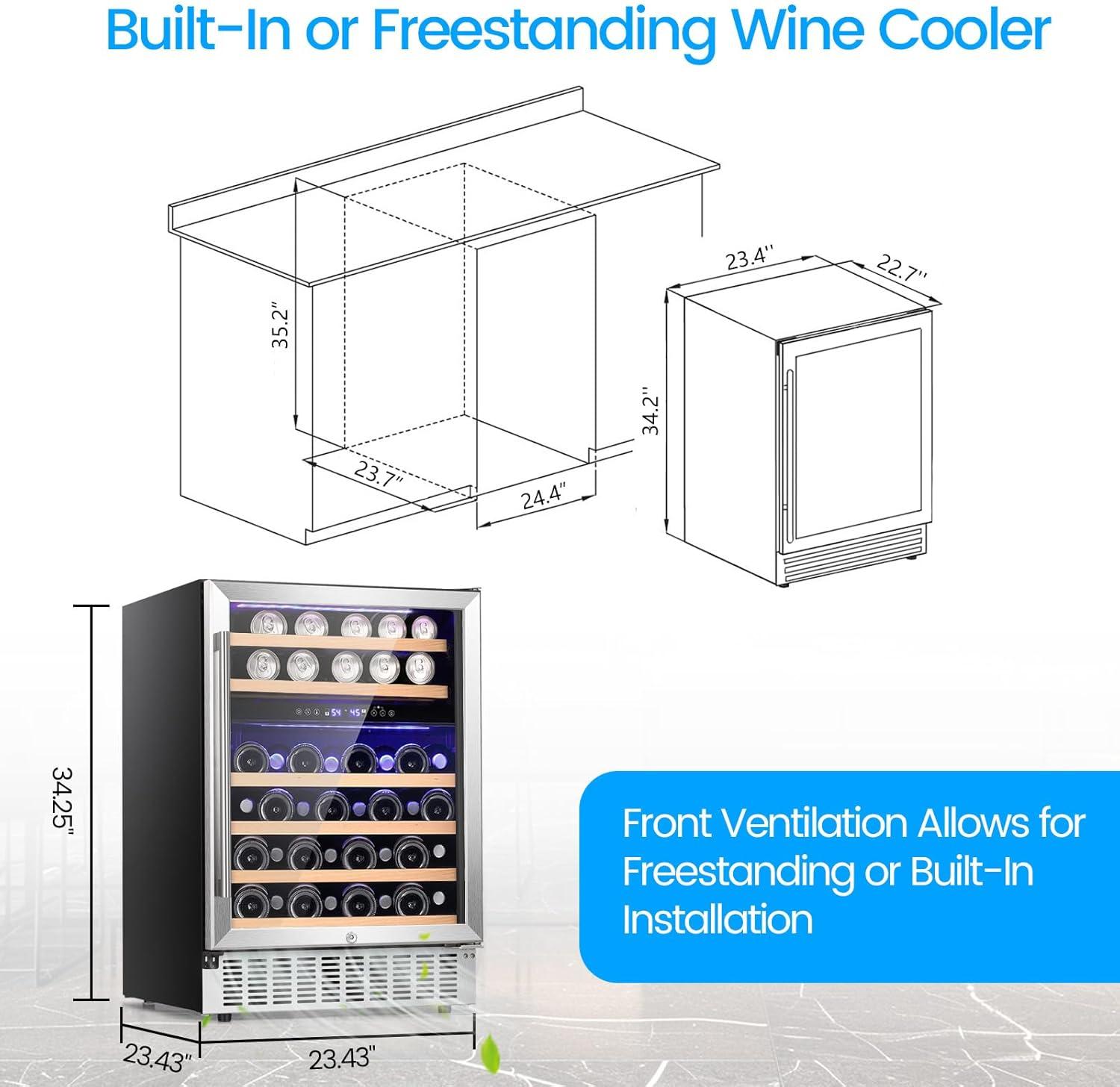 image46 Bottle 234 Inches Refrigerator Wine Fridge for Red White Champagne Beer Temperature 41F68F Freestanding Builtin Glass Door 53 CuftDual Zone SilverSilver