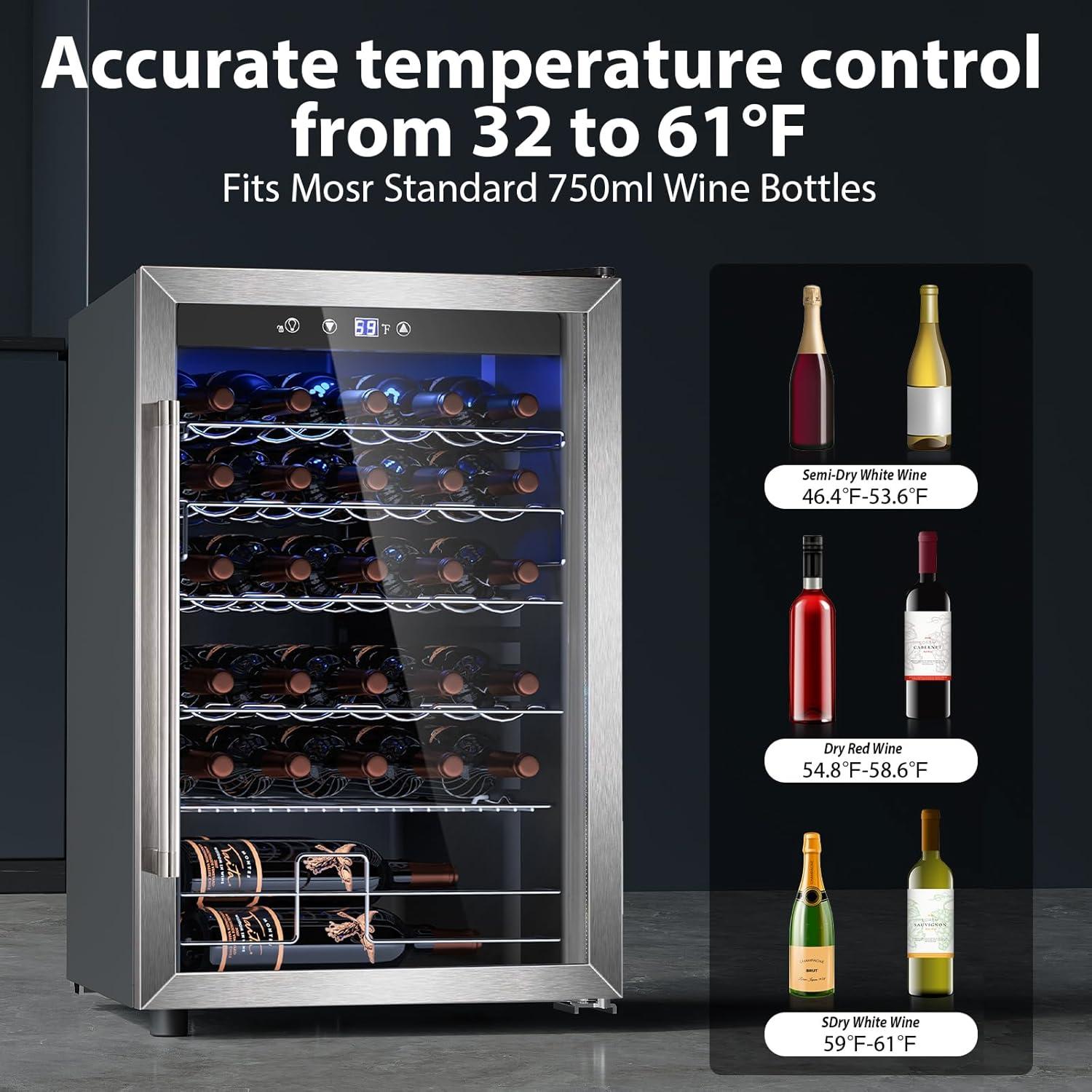 image46 Bottle 234 Inches Refrigerator Wine Fridge for Red White Champagne Beer Temperature 41F68F Freestanding Builtin Glass Door 53 CuftDual Zone SilverSilver