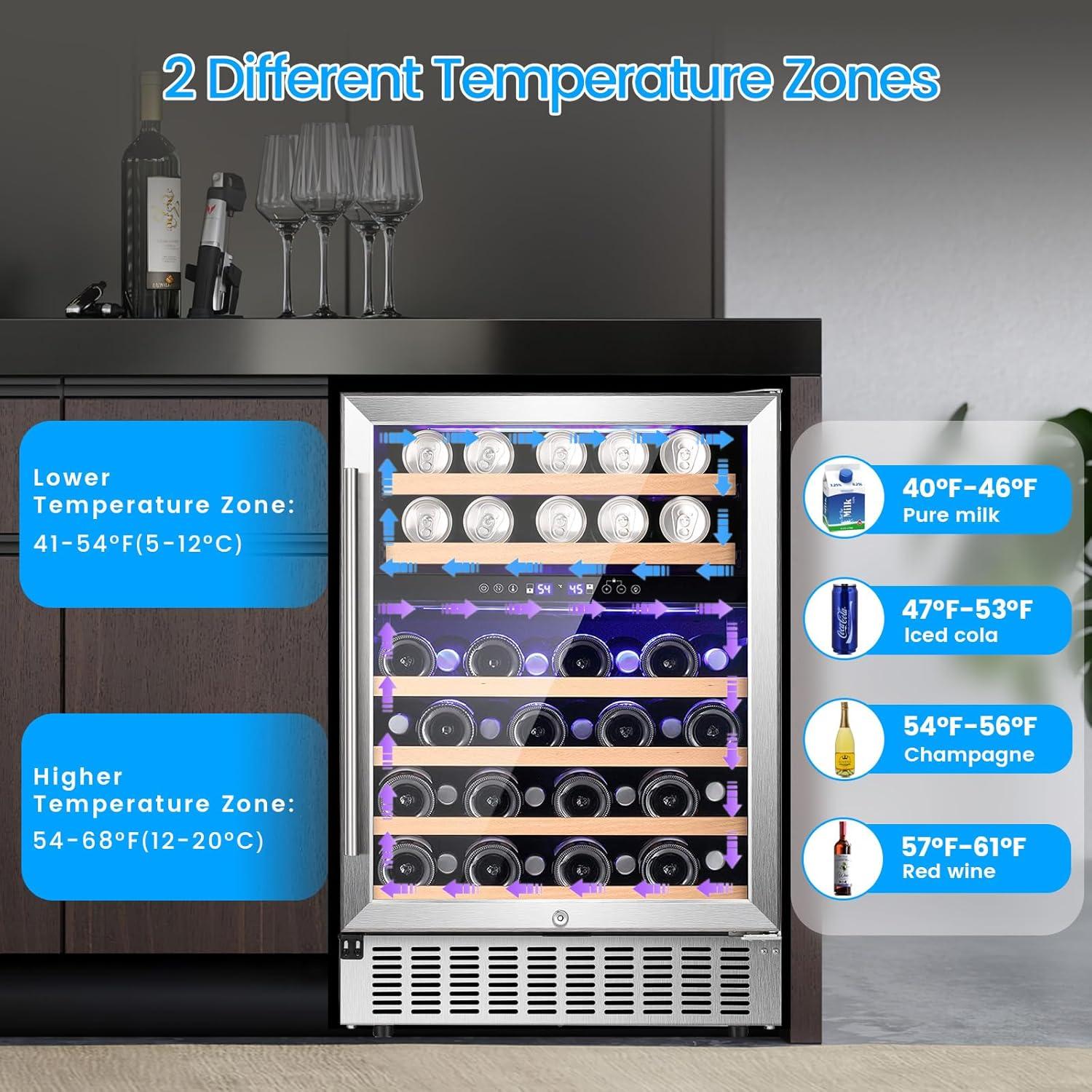 image46 Bottle 234 Inches Refrigerator Wine Fridge for Red White Champagne Beer Temperature 41F68F Freestanding Builtin Glass Door 53 CuftDual Zone SilverSilver