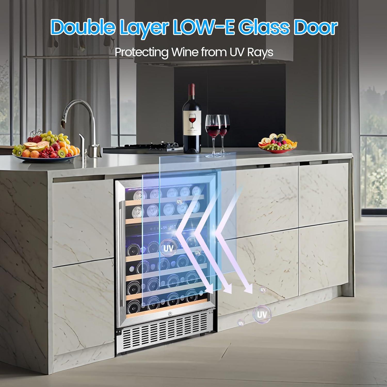 image46 Bottle 234 Inches Refrigerator Wine Fridge for Red White Champagne Beer Temperature 41F68F Freestanding Builtin Glass Door 53 CuftDual Zone SilverSilver