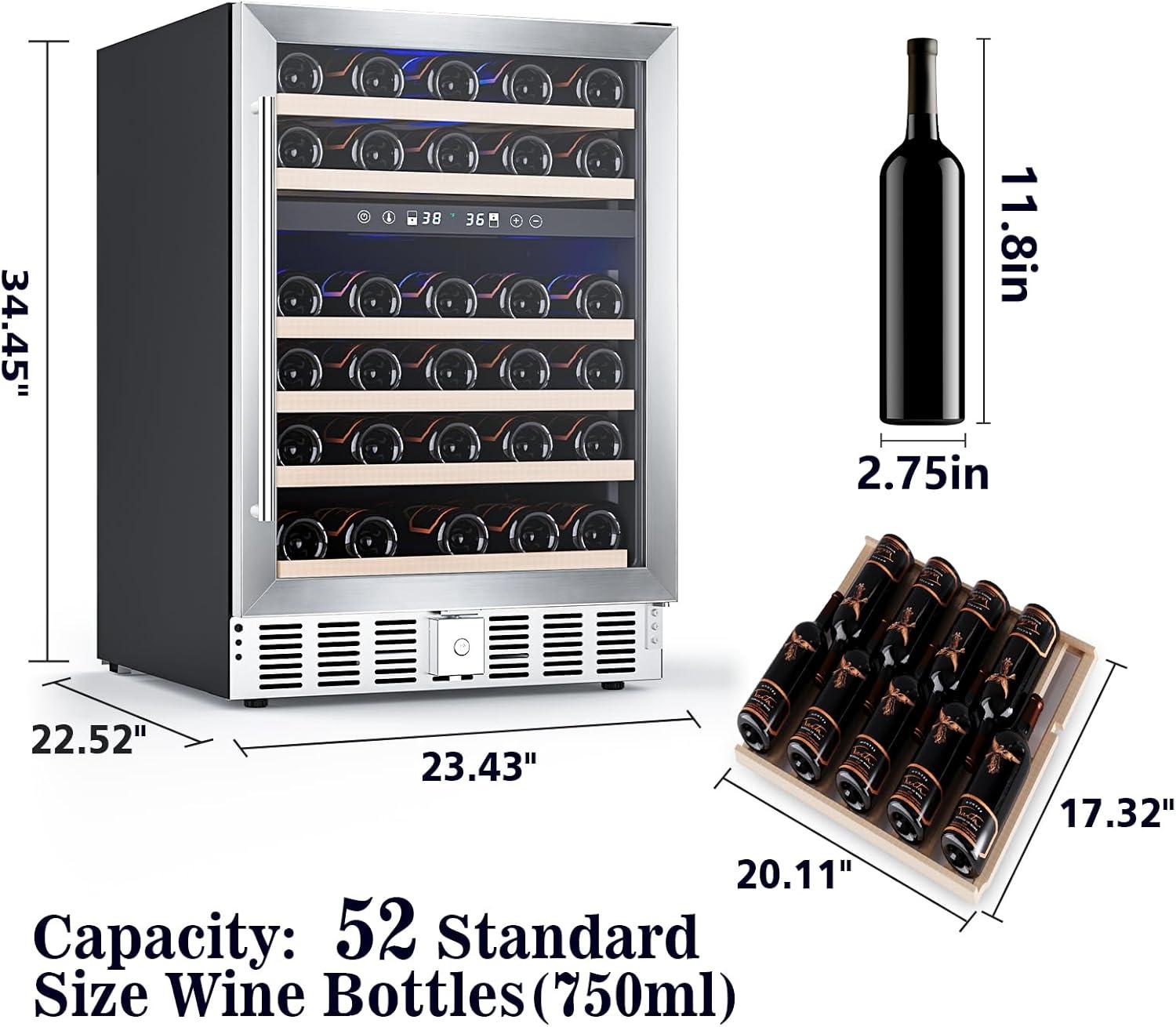 image46 Bottle 234 Inches Refrigerator Wine Fridge for Red White Champagne Beer Temperature 41F68F Freestanding Builtin Glass Door 53 CuftDual Zone SilverSilver