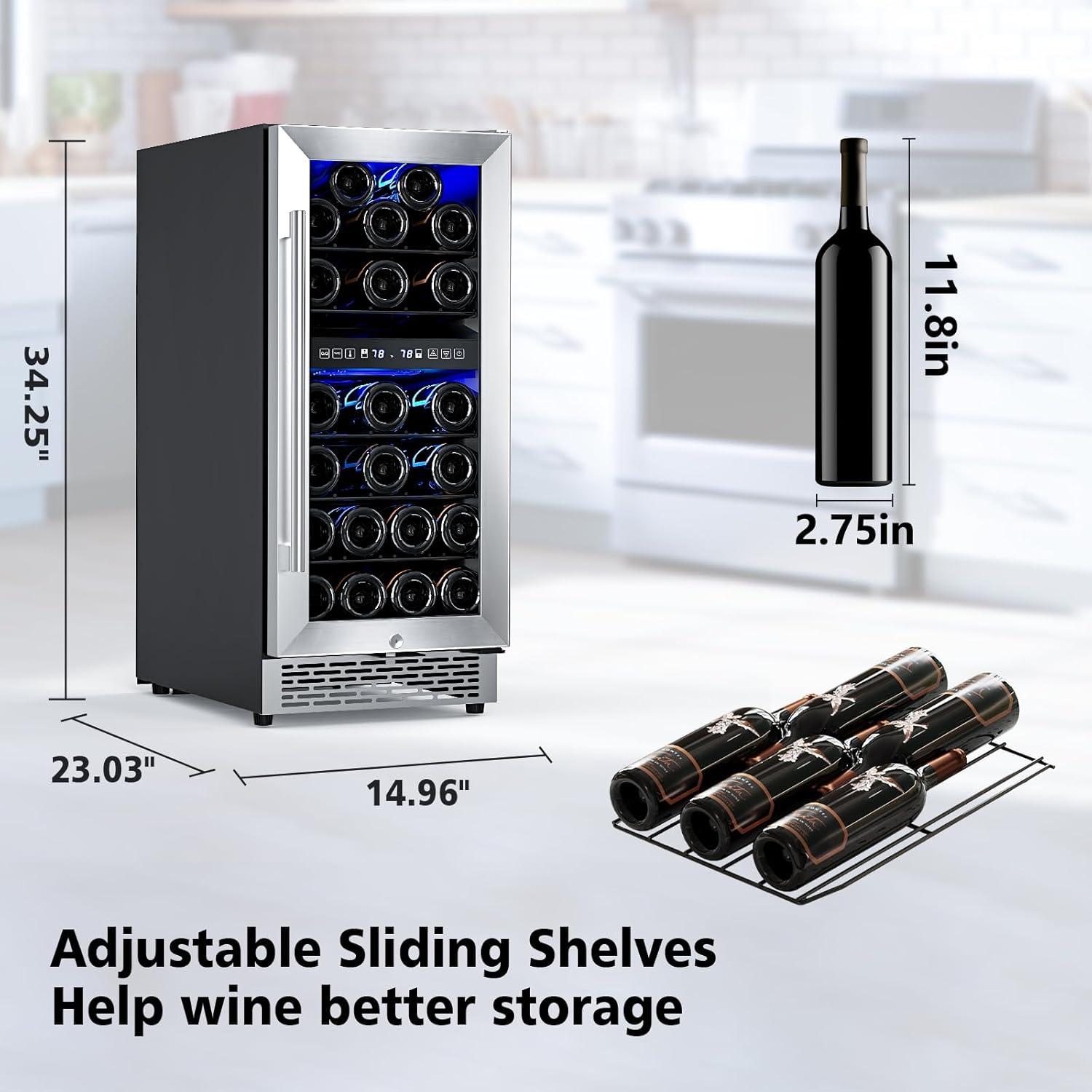 image46 Bottle 234 Inches Refrigerator Wine Fridge for Red White Champagne Beer Temperature 41F68F Freestanding Builtin Glass Door 53 CuftDual Zone SilverSilver