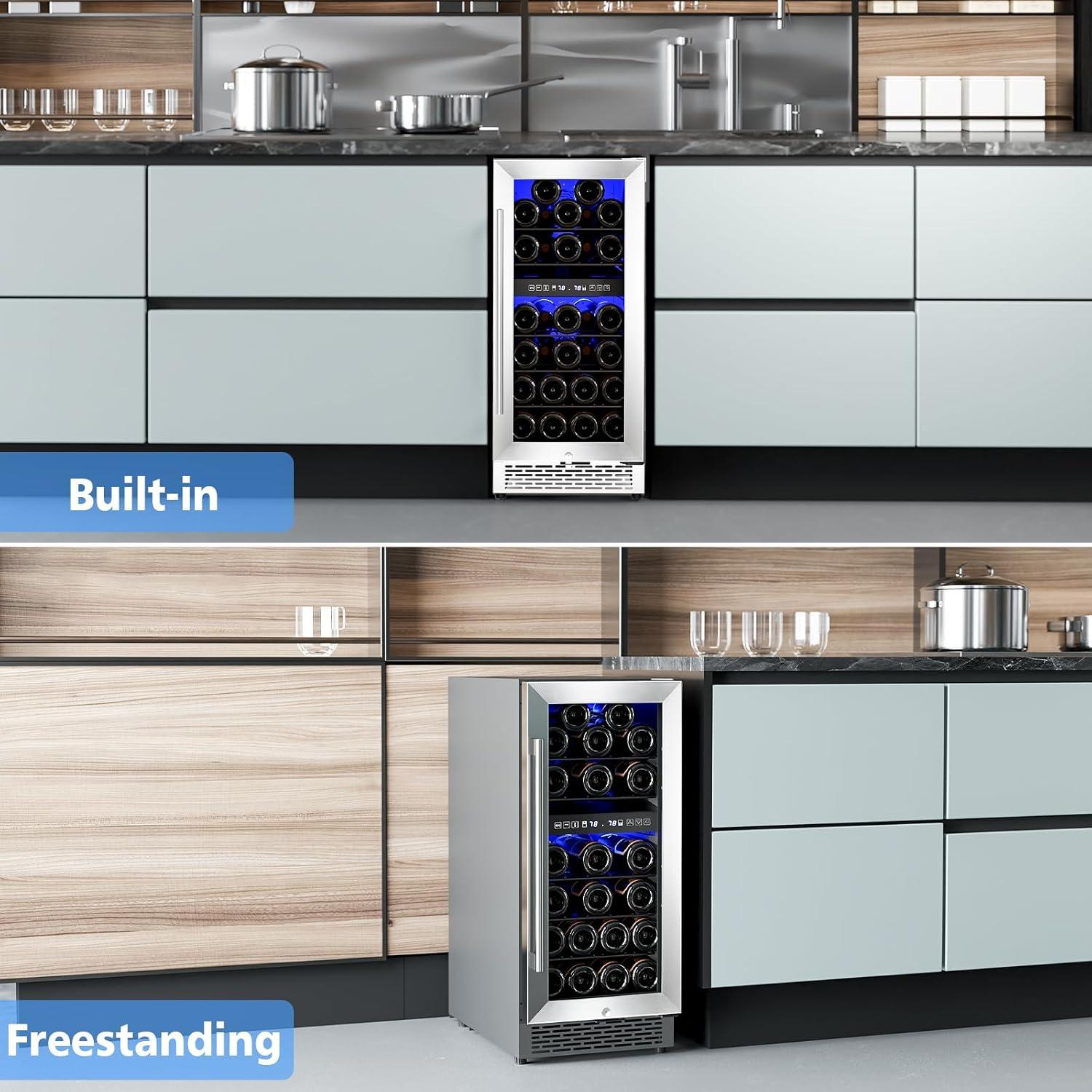 image46 Bottle 234 Inches Refrigerator Wine Fridge for Red White Champagne Beer Temperature 41F68F Freestanding Builtin Glass Door 53 CuftDual Zone SilverSilver