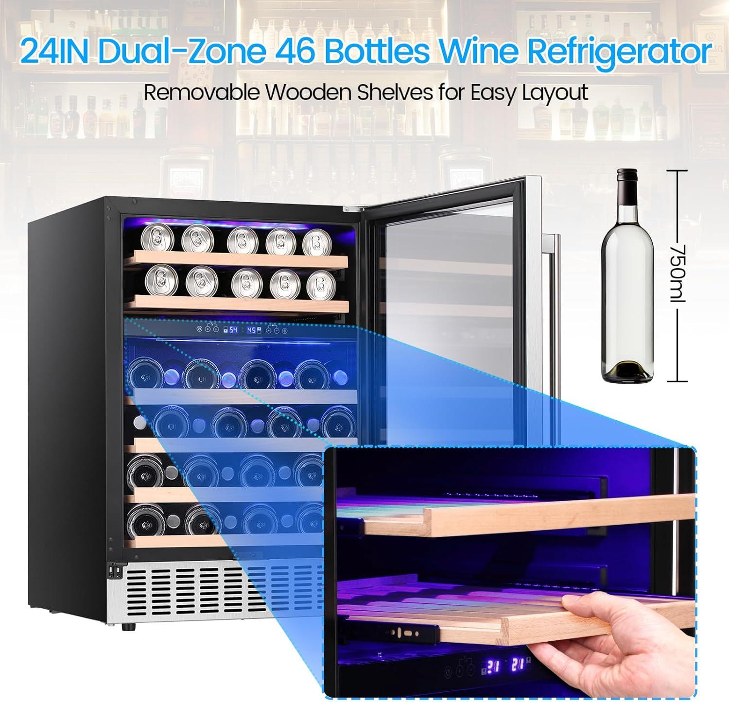 image46 Bottle 234 Inches Refrigerator Wine Fridge for Red White Champagne Beer Temperature 41F68F Freestanding Builtin Glass Door 53 CuftDual Zone SilverSilver
