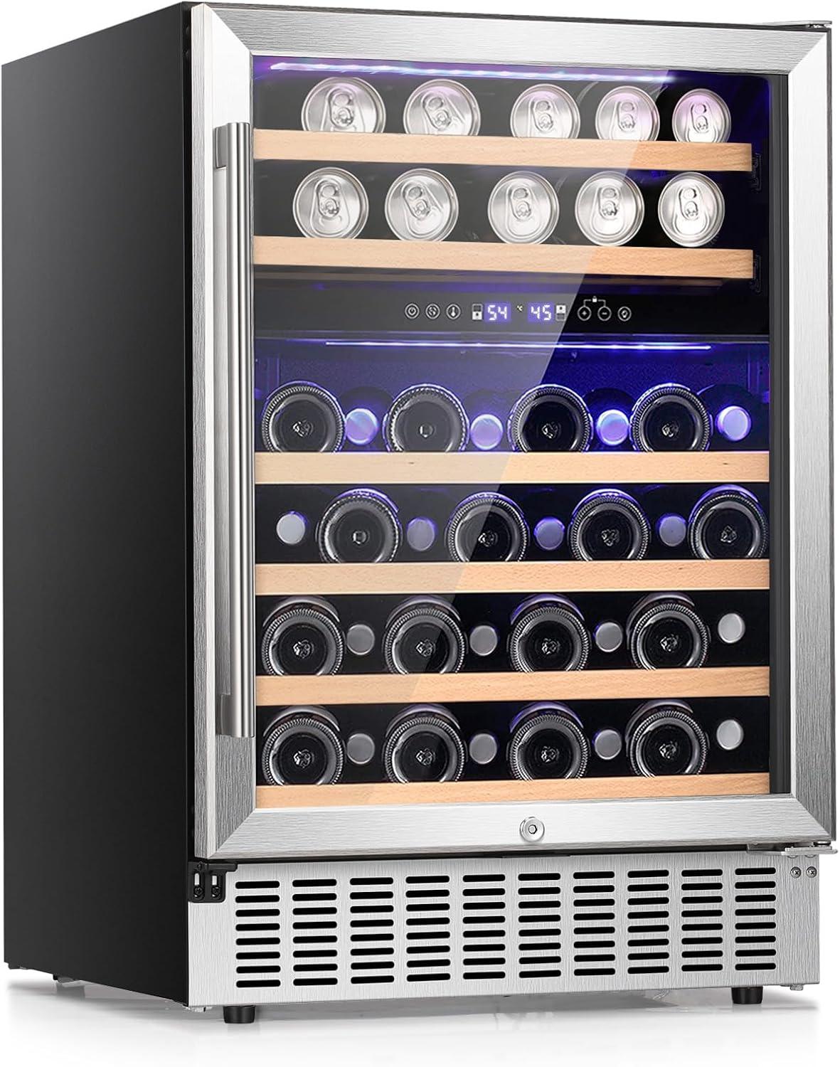 image46 Bottle 234 Inches Refrigerator Wine Fridge for Red White Champagne Beer Temperature 41F68F Freestanding Builtin Glass Door 53 CuftDual Zone SilverSilver