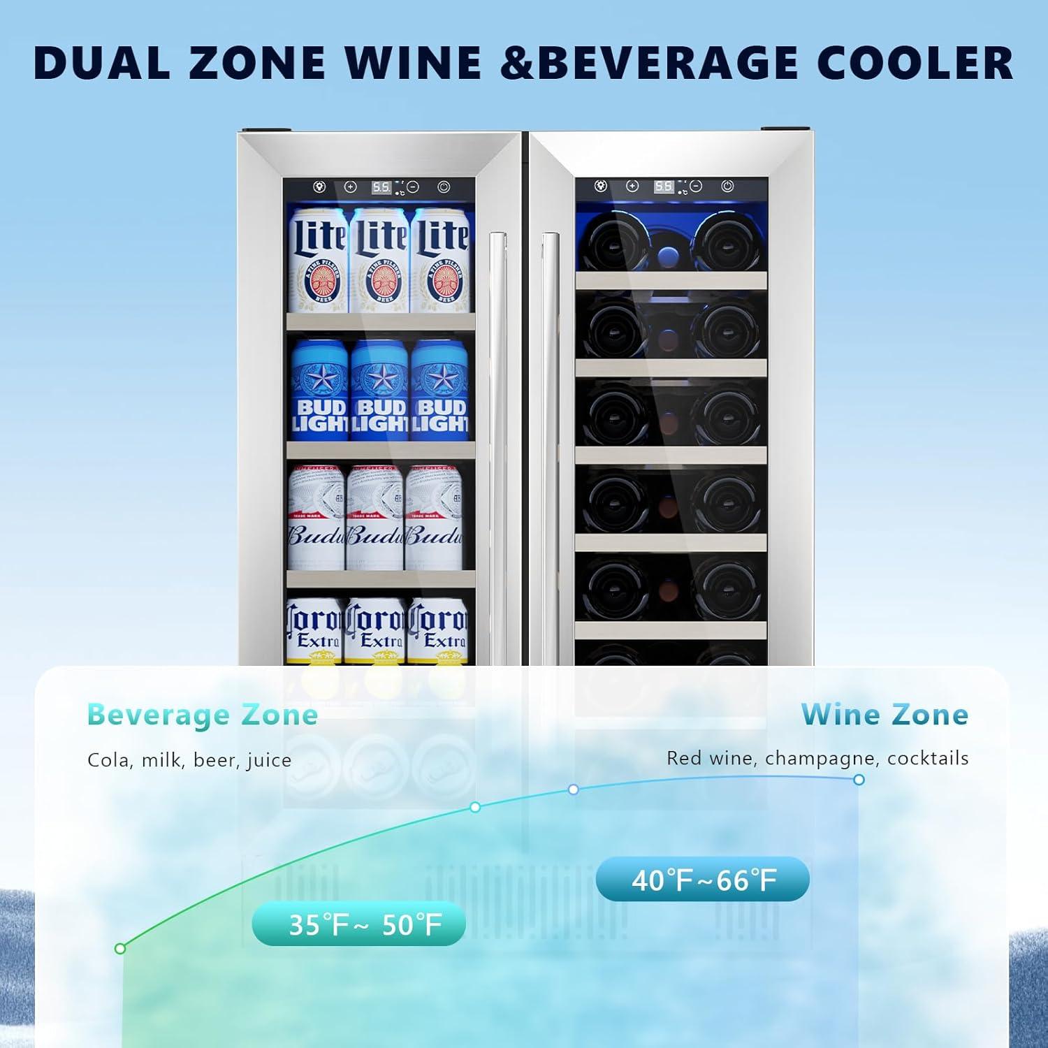 image46 Bottle 234 Inches Refrigerator Wine Fridge for Red White Champagne Beer Temperature 41F68F Freestanding Builtin Glass Door 53 CuftDual Zone SilverSilver