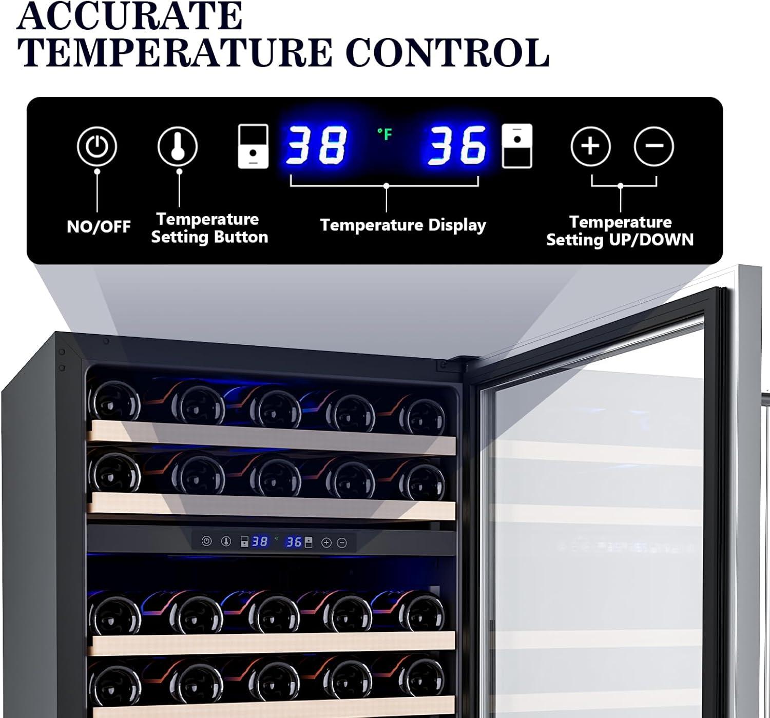 image46 Bottle 234 Inches Refrigerator Wine Fridge for Red White Champagne Beer Temperature 41F68F Freestanding Builtin Glass Door 53 CuftDual Zone SilverSilver