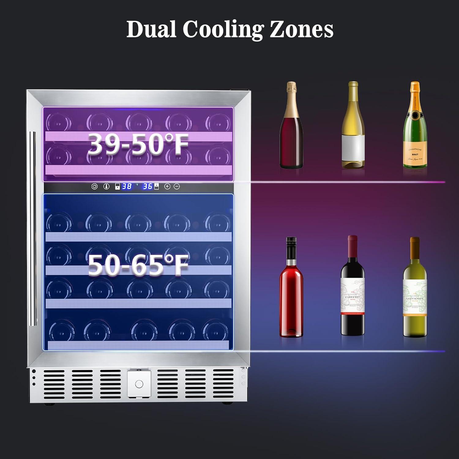 image46 Bottle 234 Inches Refrigerator Wine Fridge for Red White Champagne Beer Temperature 41F68F Freestanding Builtin Glass Door 53 CuftDual Zone SilverSilver
