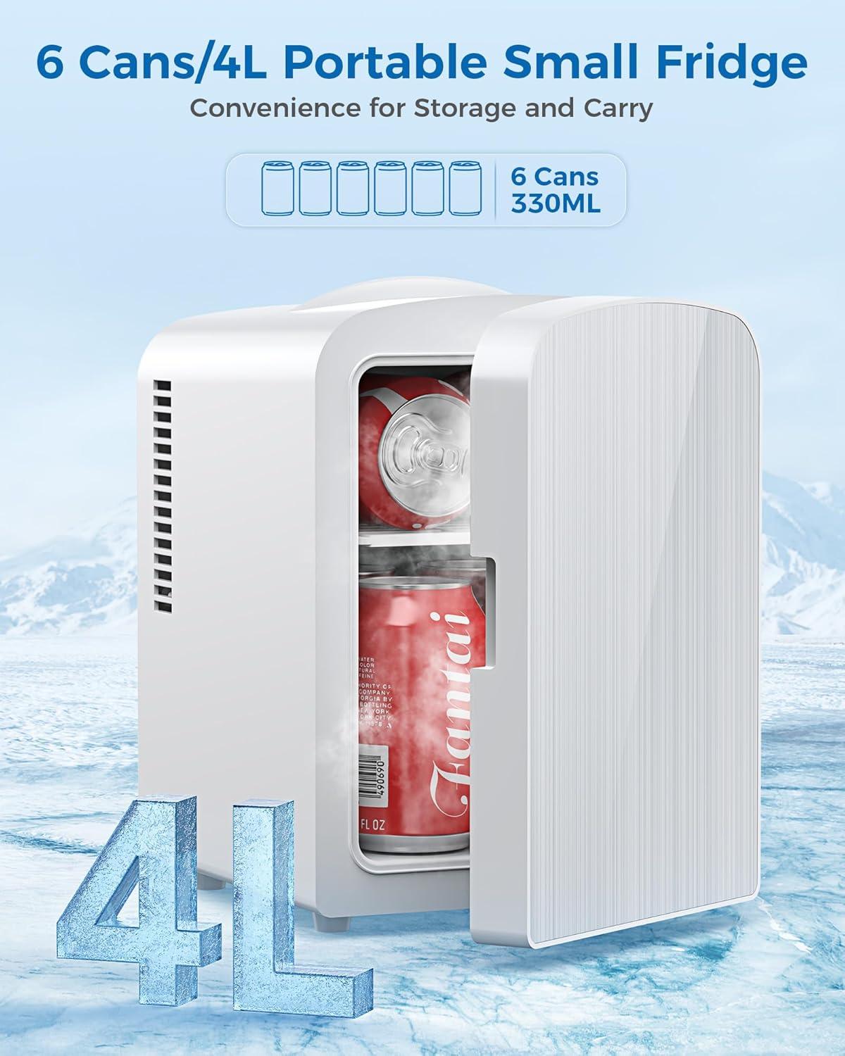 image4L6 Cans Mini Fridge Portable Compact Refrigerator Small Skin Care Fridge Food and Drinks Small Cooler for Bedroom Dorm Car Office WhiteCooling  Heating