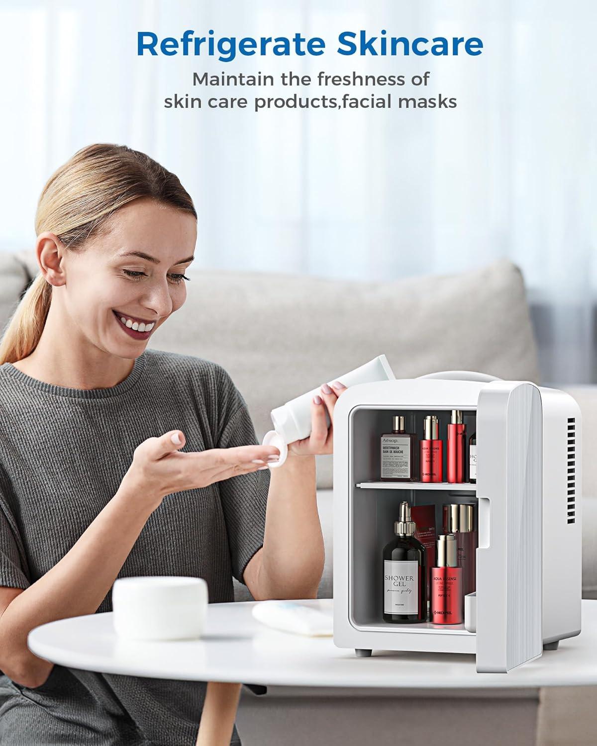 image4L6 Cans Mini Fridge Portable Compact Refrigerator Small Skin Care Fridge Food and Drinks Small Cooler for Bedroom Dorm Car Office WhiteCooling Only