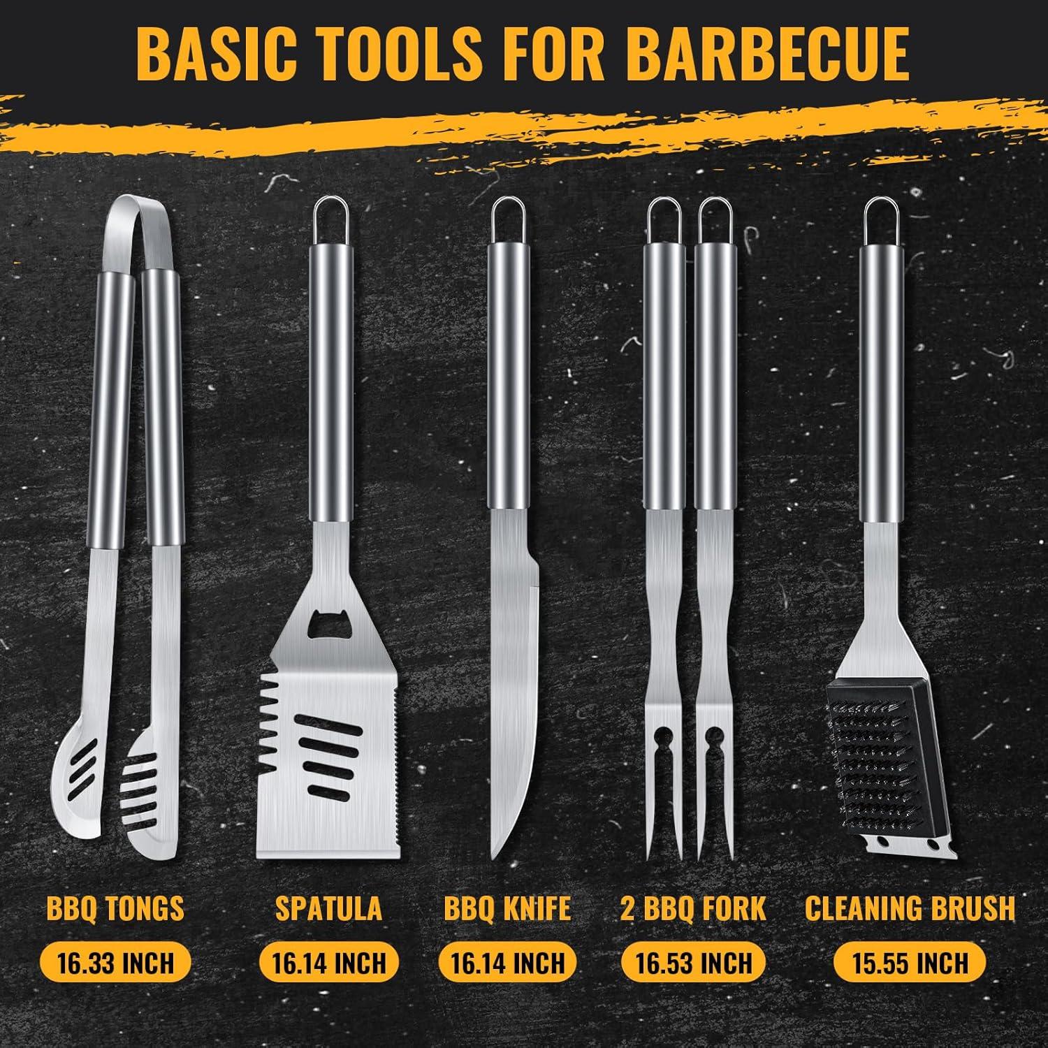 imageBBQ Grilling Accessories 16Inch Stainless Steel BBQ Grill Tools Set for Men Heavy Duty Grilling Accessories Kit for Camping Kitchen Extra Thick Barbecue Utensil6 PCS