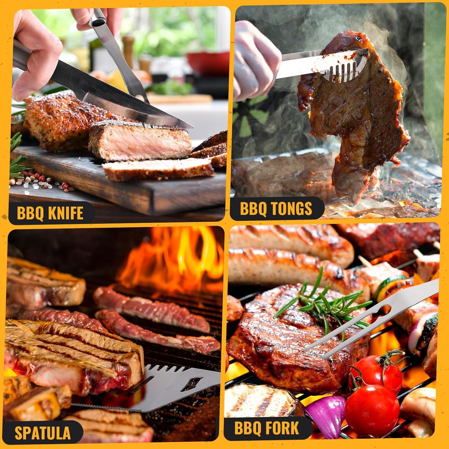 imageBBQ Grilling Accessories 16Inch Stainless Steel BBQ Grill Tools Set for Men Heavy Duty Grilling Accessories Kit for Camping Kitchen Extra Thick Barbecue Utensil6 pcsplus