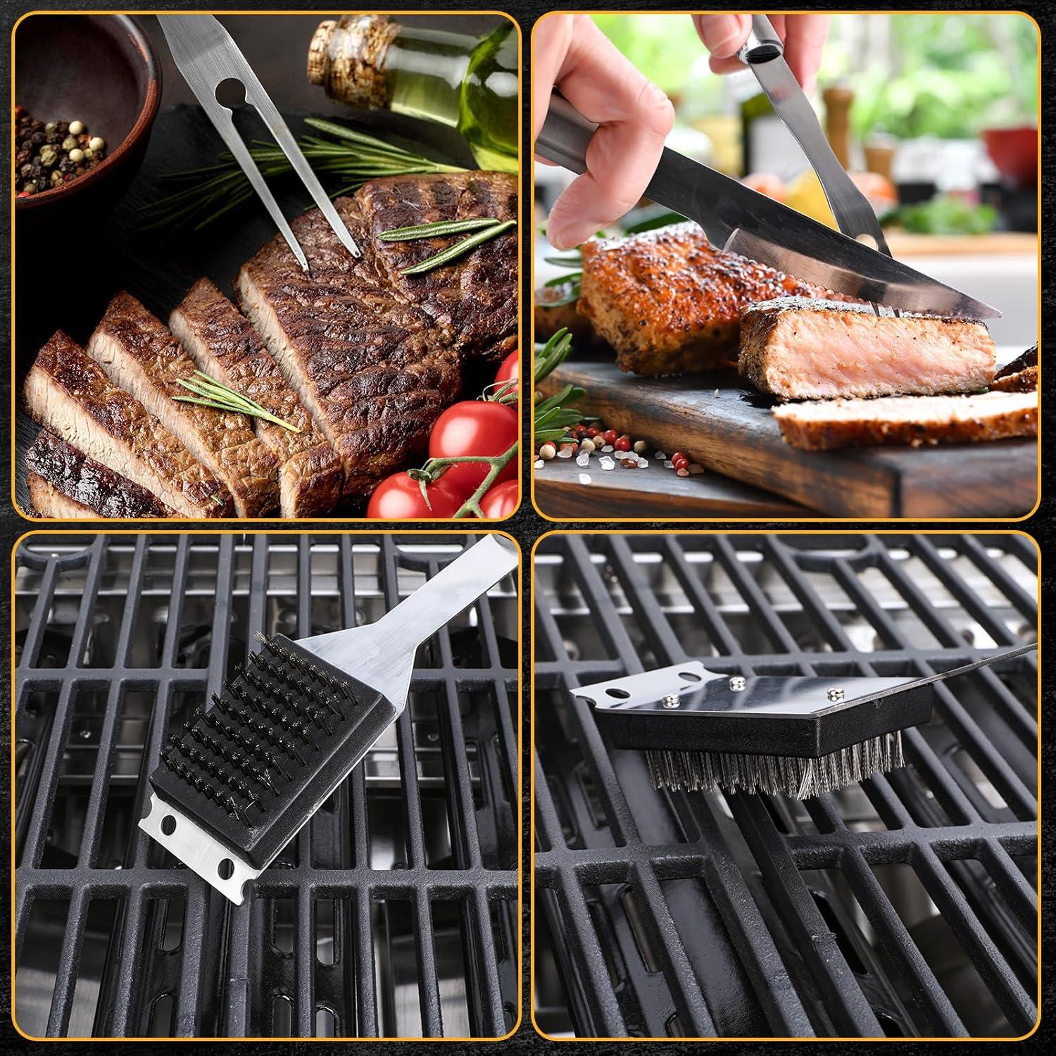 imageBBQ Grilling Accessories 16Inch Stainless Steel BBQ Grill Tools Set for Men Heavy Duty Grilling Accessories Kit for Camping Kitchen Extra Thick Barbecue Utensil6 PCS