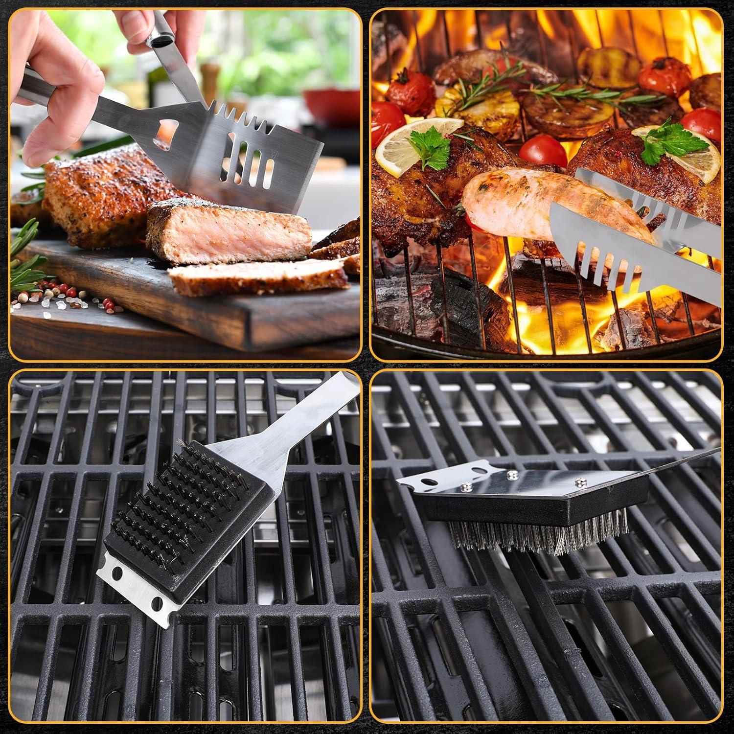 imageBBQ Grilling Accessories 16Inch Stainless Steel BBQ Grill Tools Set for Men Heavy Duty Grilling Accessories Kit for Camping Kitchen Extra Thick Barbecue Utensil3 PCS