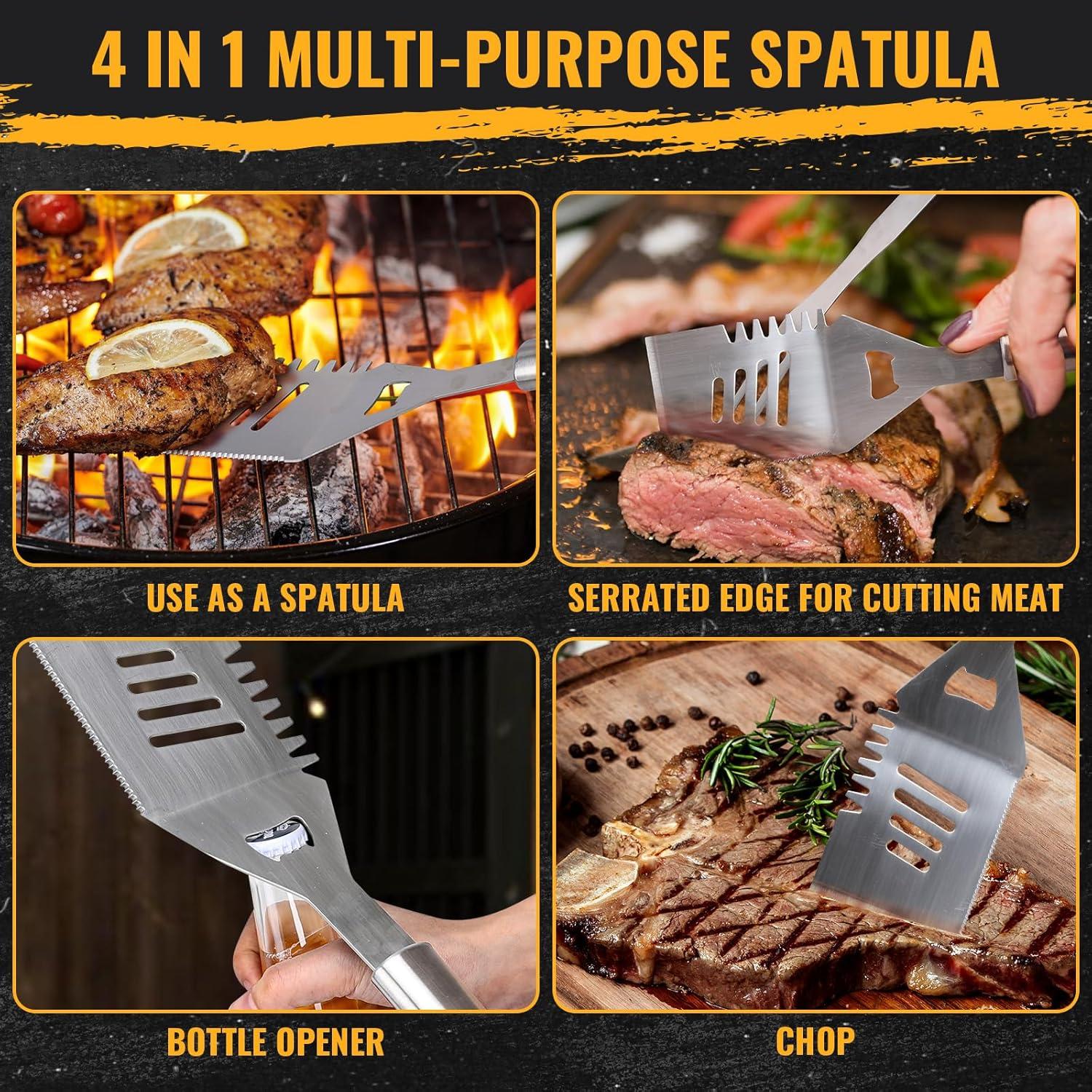 imageBBQ Grilling Accessories 16Inch Stainless Steel BBQ Grill Tools Set for Men Heavy Duty Grilling Accessories Kit for Camping Kitchen Extra Thick Barbecue Utensil3 PCS