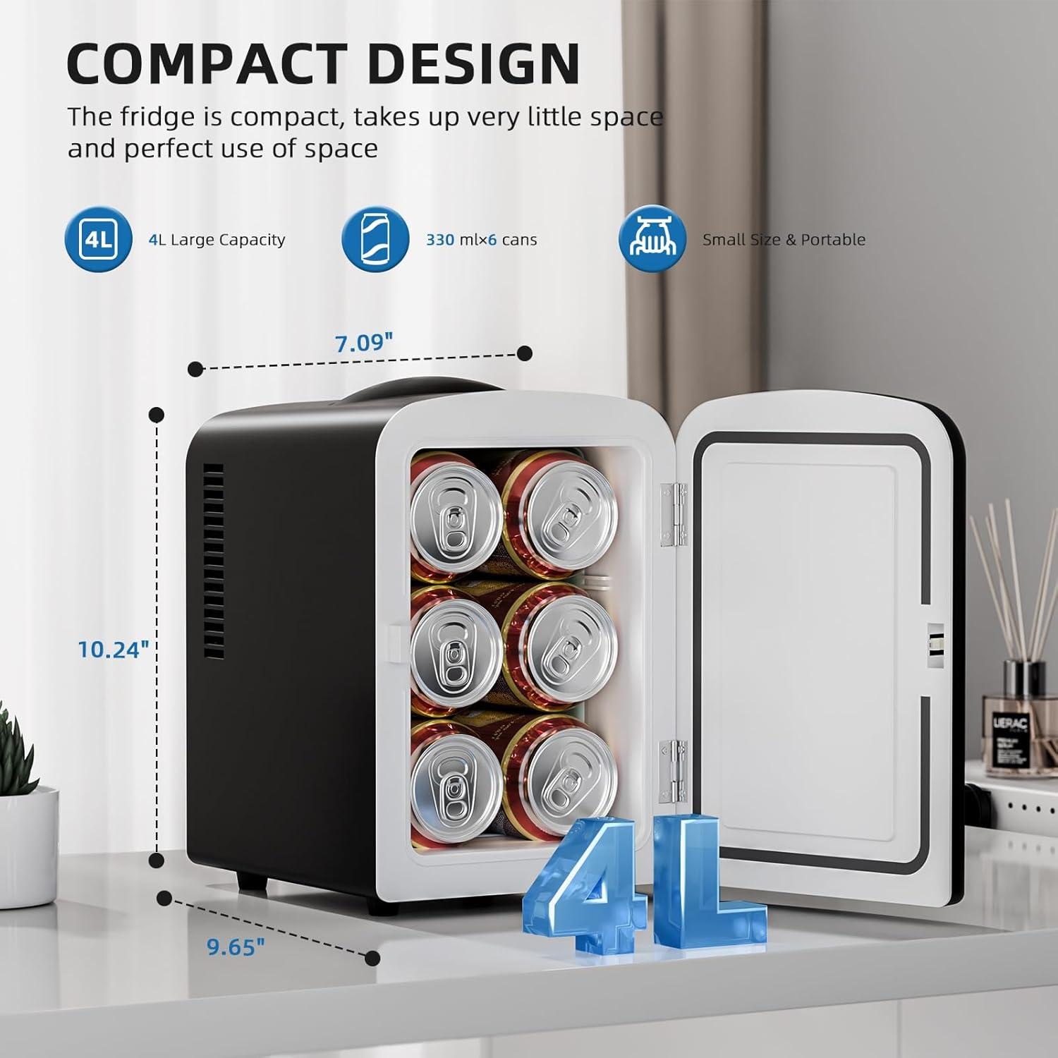 imageCompact Refrigerator Portable Mini Fridge Skin Care 4L Capacity6 Cans for Bedroom Car Office ampamp Dorm Small Cooler for Cosmetics Beverage and Food BlackBlack