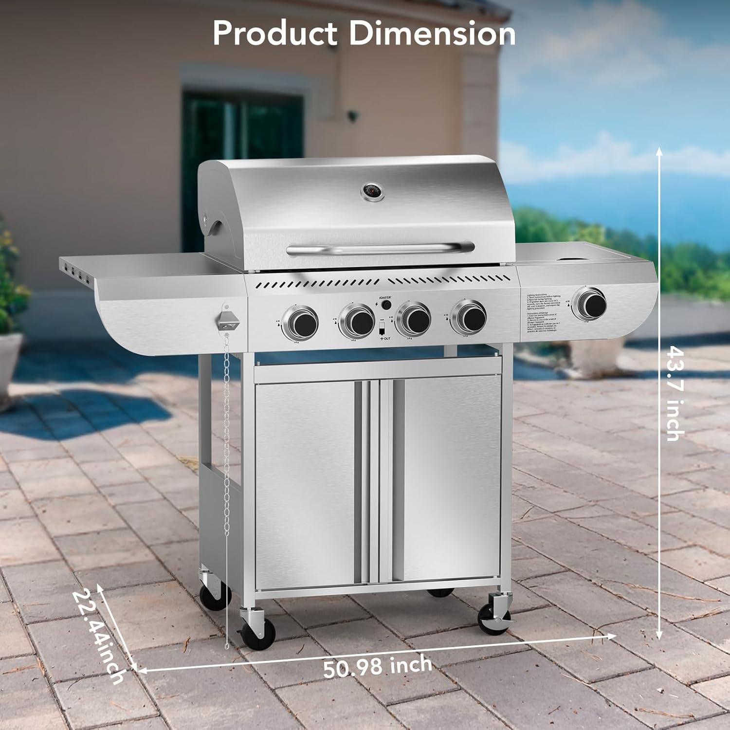 imageGas GrillHeavyDuty Stainless Steel BBQ Grill4 Burner Gas Grill with Side Burner42000 BTU Propane Grill for Outdoor CookingBarbecueGarden and Patio BackyardAll stainless steel 4Burner Grills