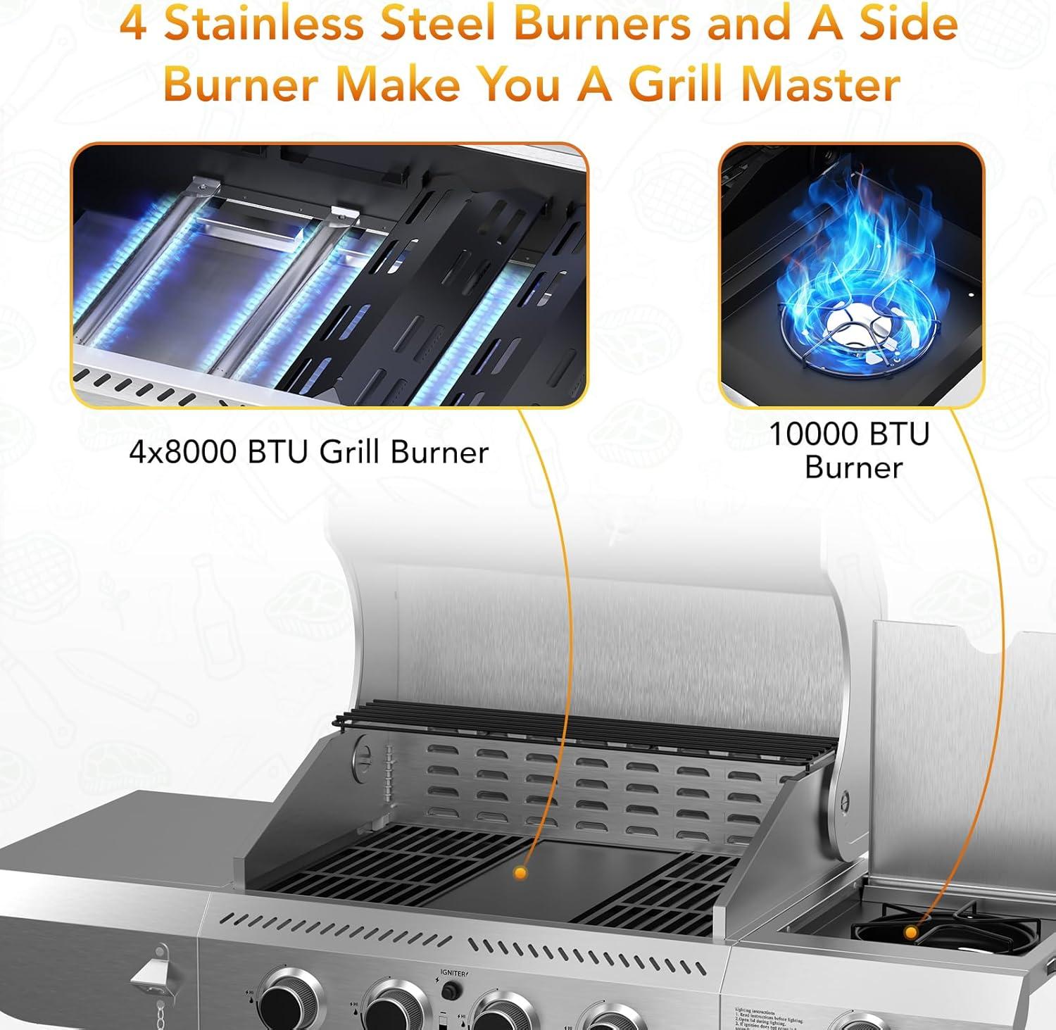 imageGas GrillHeavyDuty Stainless Steel BBQ Grill4 Burner Gas Grill with Side Burner42000 BTU Propane Grill for Outdoor CookingBarbecueGarden and Patio BackyardAll stainless steel 4Burner Grills