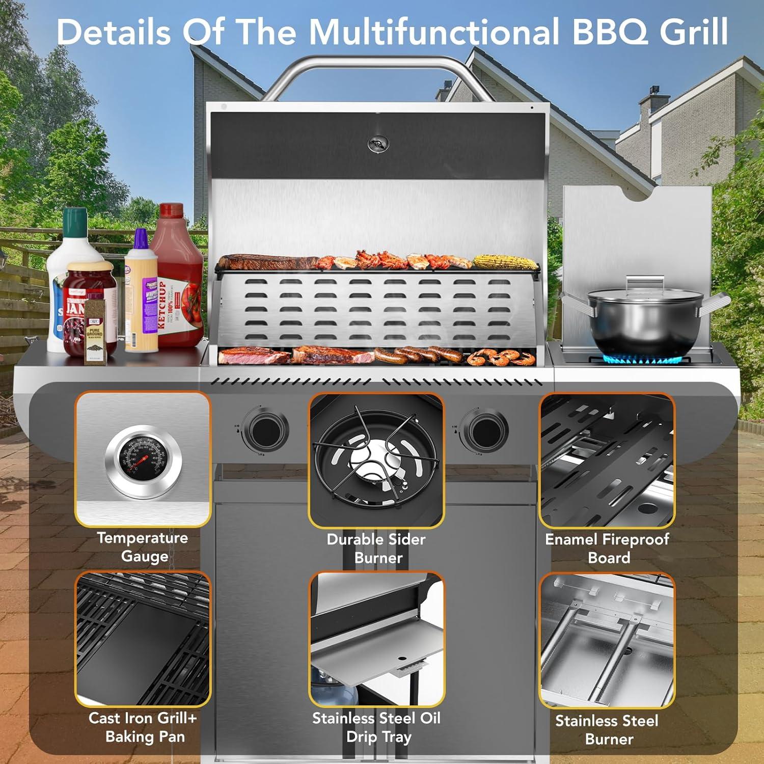 imageGas GrillHeavyDuty Stainless Steel BBQ Grill4 Burner Gas Grill with Side Burner42000 BTU Propane Grill for Outdoor CookingBarbecueGarden and Patio BackyardAll stainless steel 4Burner Grills