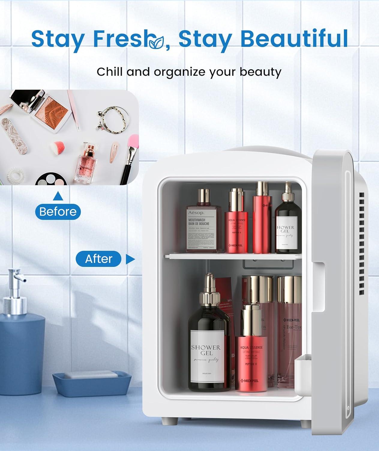 imageSkincare Fridge With Builtin LED Light Mirror 4L Compact Mini Refrigerator ACDC Portable 6 Can Small Cosmetics Cooler for Makeup Beverage Food Bedroom Office ampamp Dorm White