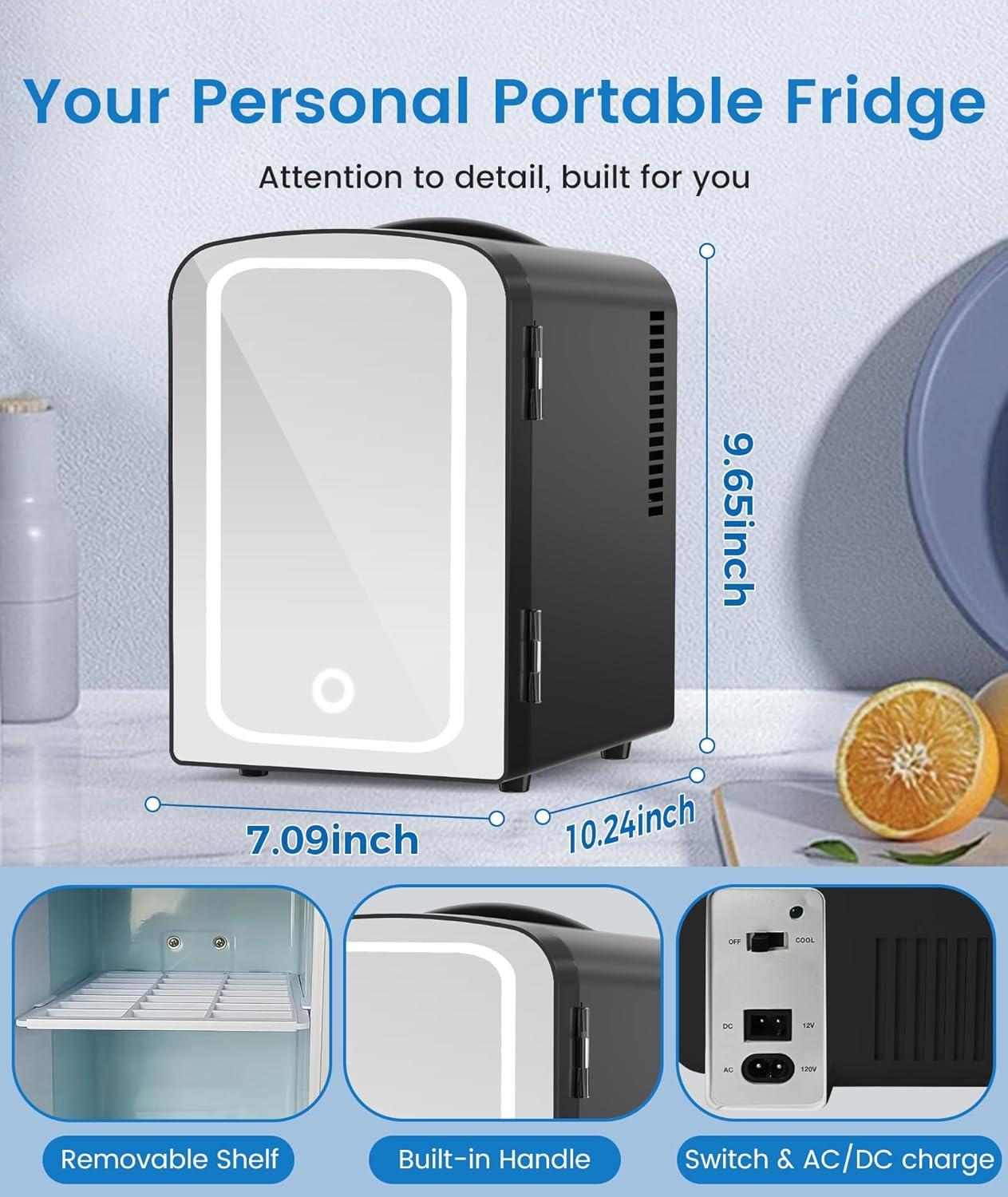 imageSkincare Fridge With Builtin LED Light Mirror 4L Compact Mini Refrigerator ACDC Portable 6 Can Small Cosmetics Cooler for Makeup Beverage Food Bedroom Office ampamp Dorm BlackBlack
