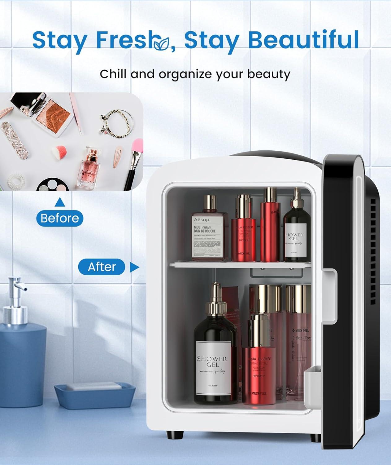 imageSkincare Fridge With Builtin LED Light Mirror 4L Compact Mini Refrigerator ACDC Portable 6 Can Small Cosmetics Cooler for Makeup Beverage Food Bedroom Office ampamp Dorm BlackBlack