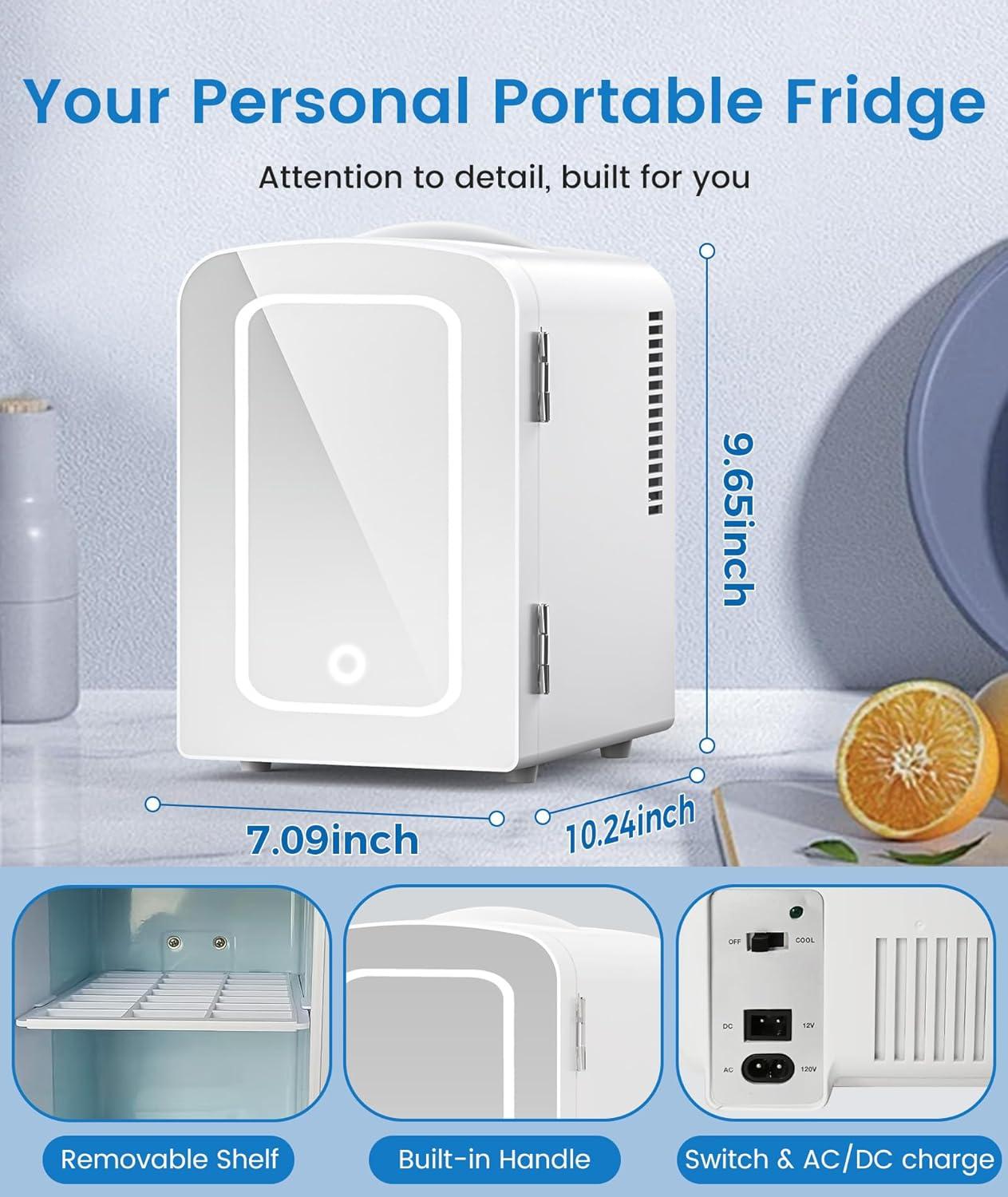 imageSkincare Fridge With Builtin LED Light Mirror 4L Compact Mini Refrigerator ACDC Portable 6 Can Small Cosmetics Cooler for Makeup Beverage Food Bedroom Office ampamp Dorm White