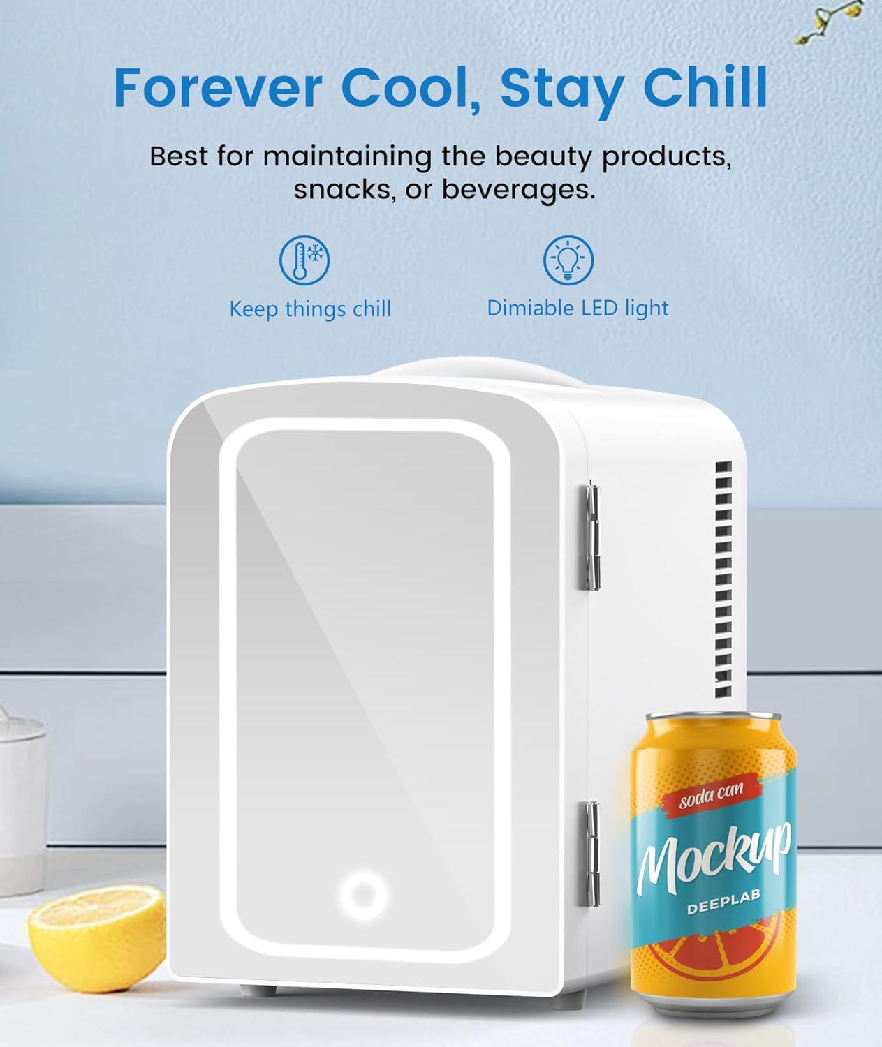 imageSkincare Fridge With Builtin LED Light Mirror 4L Compact Mini Refrigerator ACDC Portable 6 Can Small Cosmetics Cooler for Makeup Beverage Food Bedroom Office ampamp Dorm White