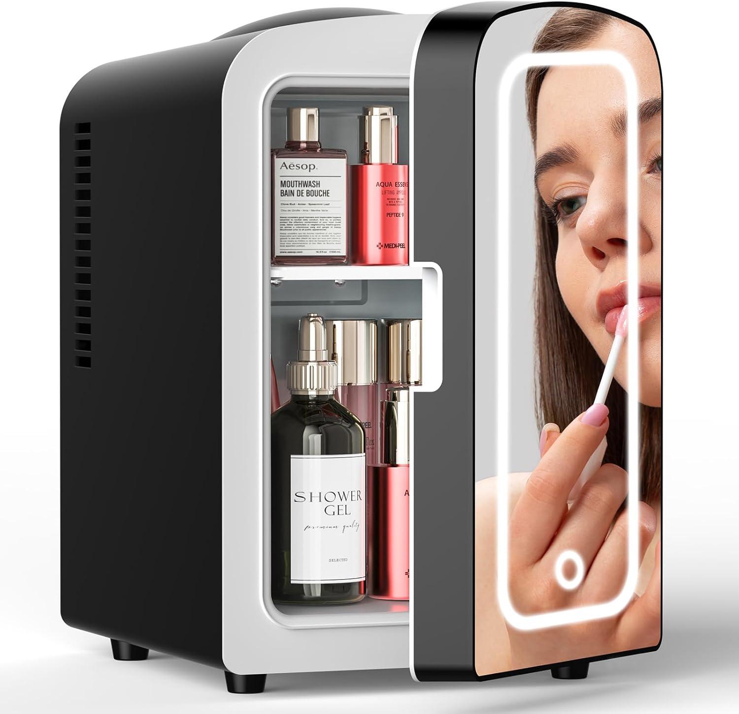 imageSkincare Fridge With Builtin LED Light Mirror 4L Compact Mini Refrigerator ACDC Portable 6 Can Small Cosmetics Cooler for Makeup Beverage Food Bedroom Office ampamp Dorm BlackBlack