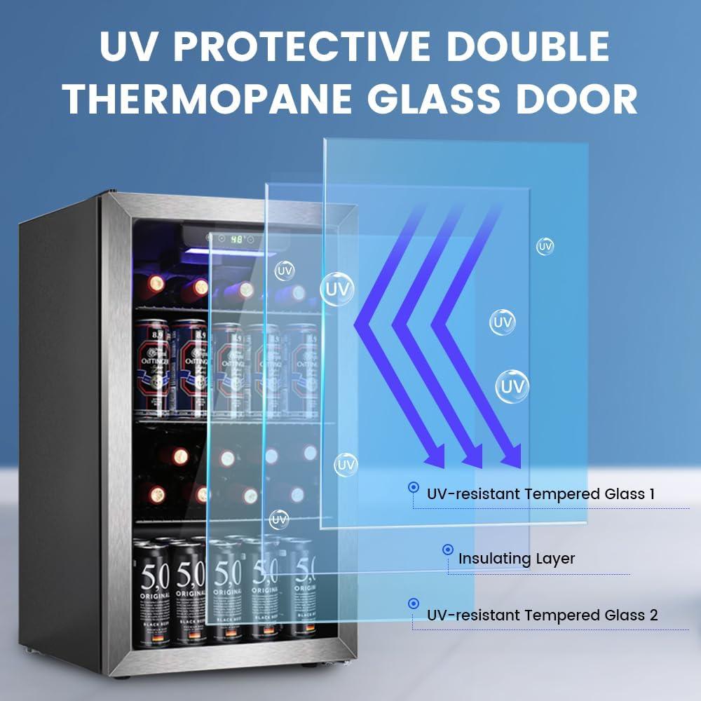 imageWine Cooler Refrigerator 37 Bottle Freestanding Cabinet Wine Cellars Wine Fridge with Glass Door 145 Can Beverage Refrigerator for Home Use Protecting Your Reds and WhitesSilver