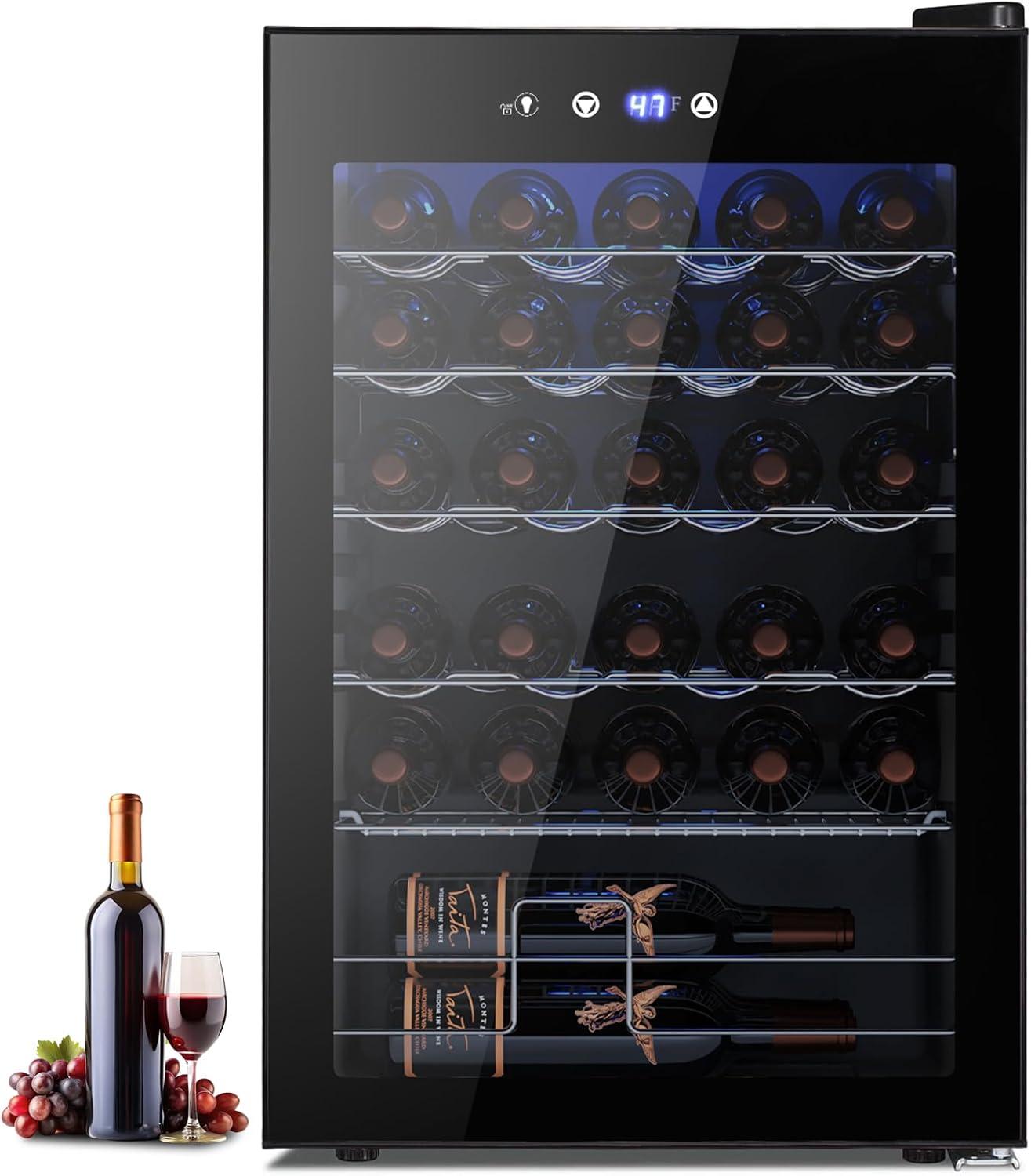 imageWine Cooler Refrigerator 37 Bottle Freestanding Cabinet Wine Cellars Wine Fridge with Glass Door 145 Can Beverage Refrigerator for Home Use Protecting Your Reds and WhitesBlack