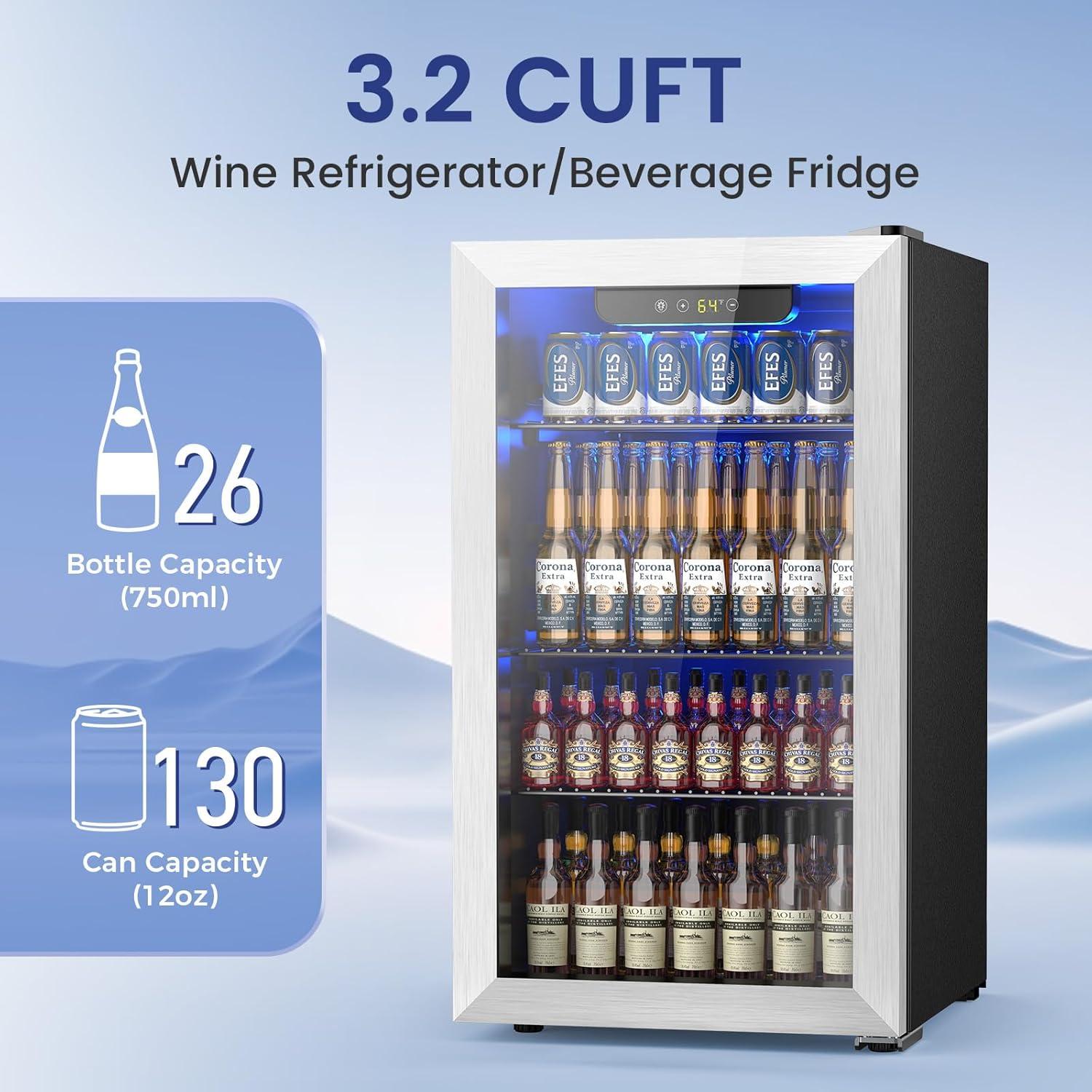 imageWine Cooler Refrigerator 37 Bottle Freestanding Cabinet Wine Cellars Wine Fridge with Glass Door 145 Can Beverage Refrigerator for Home Use Protecting Your Reds and WhitesSilver