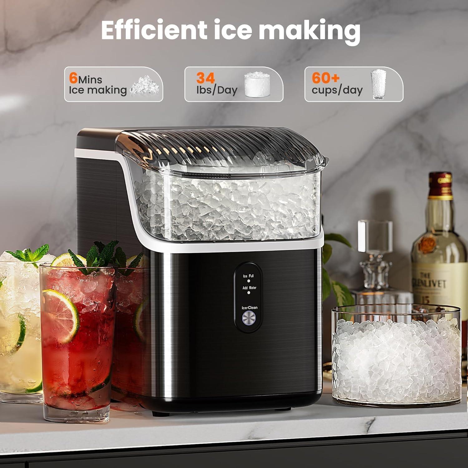 imageCountertop Nugget Ice Maker Pro  34lbs24H SelfCleaning Pellet Ice Machine with Soft Chewable Ice OneTouch Operation for Home Kitchen OfficeParty Black
