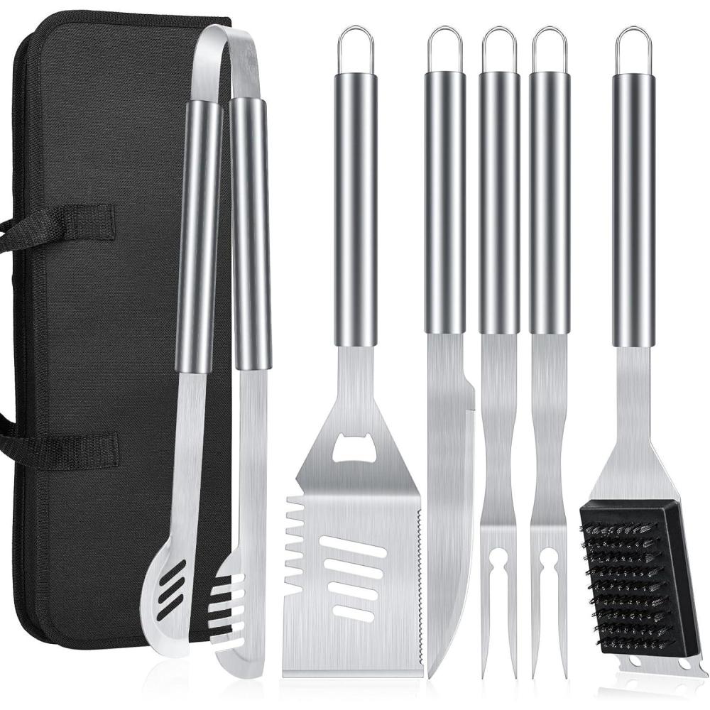 imageBBQ Grilling Accessories 16Inch Stainless Steel BBQ Grill Tools Set for Men Heavy Duty Grilling Accessories Kit for Camping Kitchen Extra Thick Barbecue Utensil6 PCS