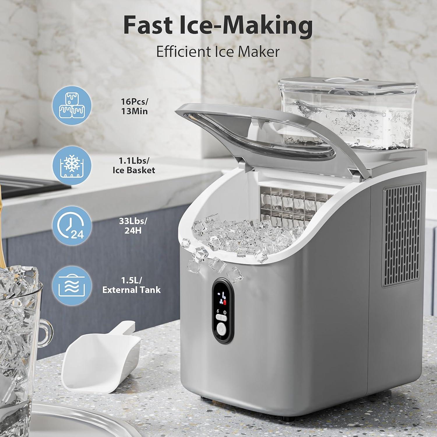 imageCountertop Ice Cube Maker Machine with External Water Tank16Pcs5Mins34LbsDay2 Ways to Add WaterPortable Compact Small Ice Maker with AutoCleaningPerfect for HomeKitchenCampingRVGREY