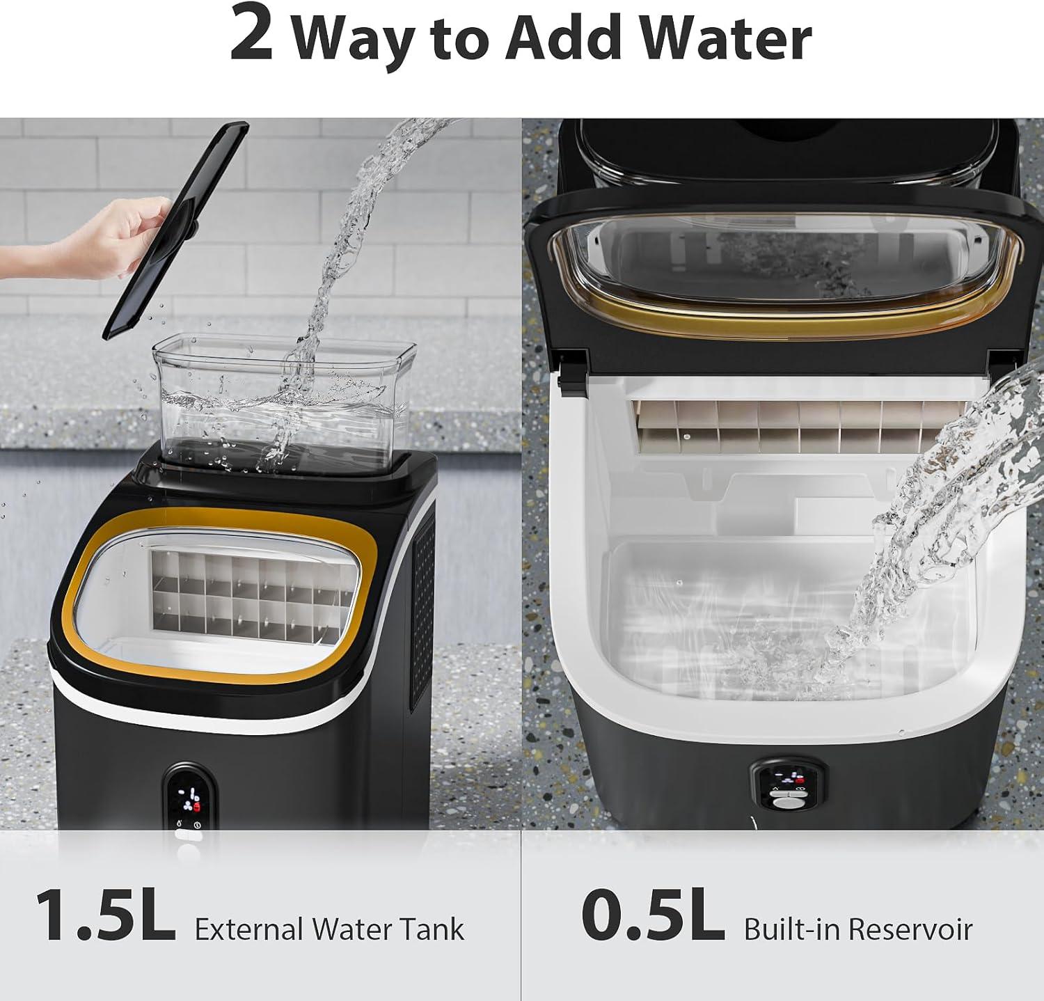 imageCountertop Ice Cube Maker Machine with External Water Tank16Pcs5Mins34LbsDay2 Ways to Add WaterPortable Compact Small Ice Maker with AutoCleaningPerfect for HomeKitchenCampingRVBLACK