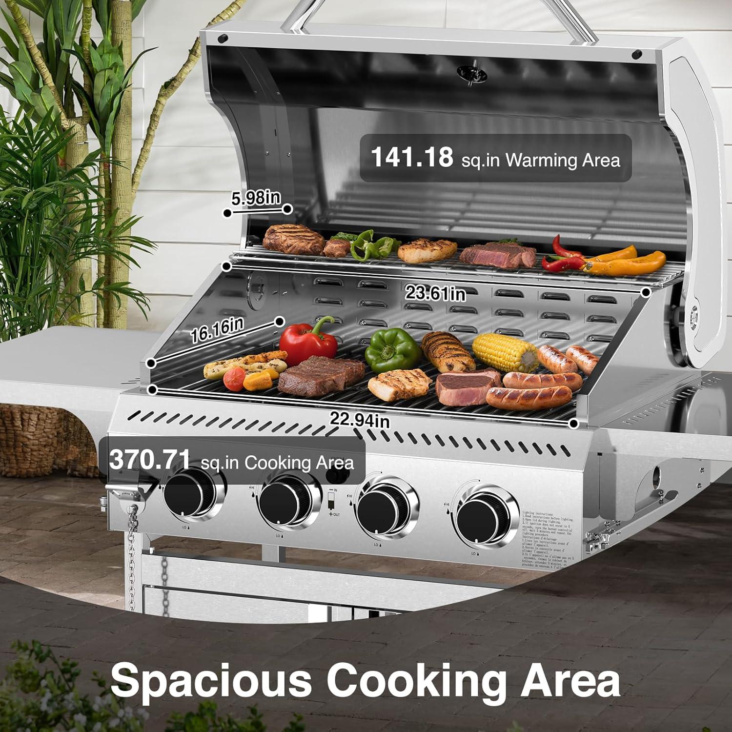 image4Burner Propane Gas Grill with 304 Stainless Steel Cooking Grid Hanging HooksHeatResistant Handle 32000BTU Stainless Steel BBQ Grill with Portable Wheels for CampingPatioBackyard