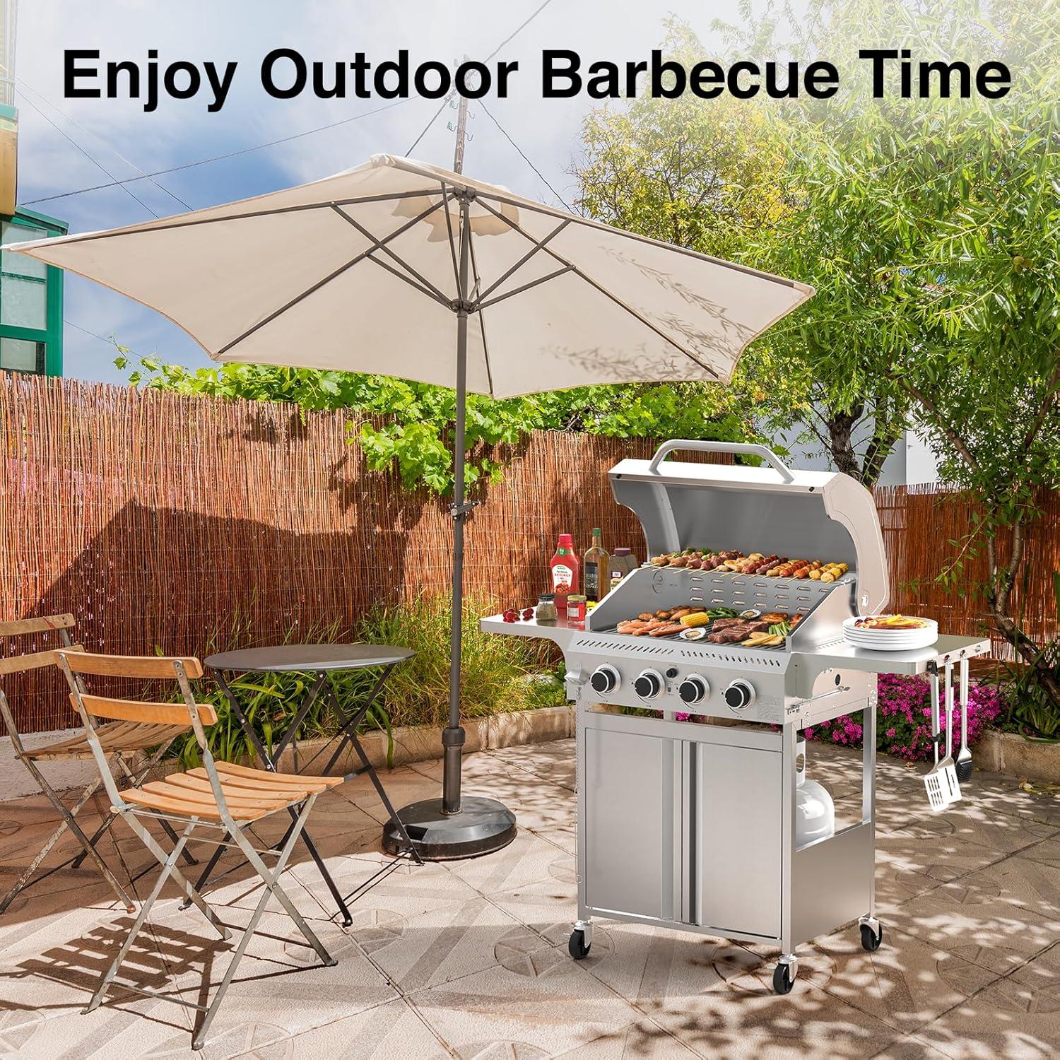 image4Burner Propane Gas Grill with 304 Stainless Steel Cooking Grid Hanging HooksHeatResistant Handle 32000BTU Stainless Steel BBQ Grill with Portable Wheels for CampingPatioBackyard