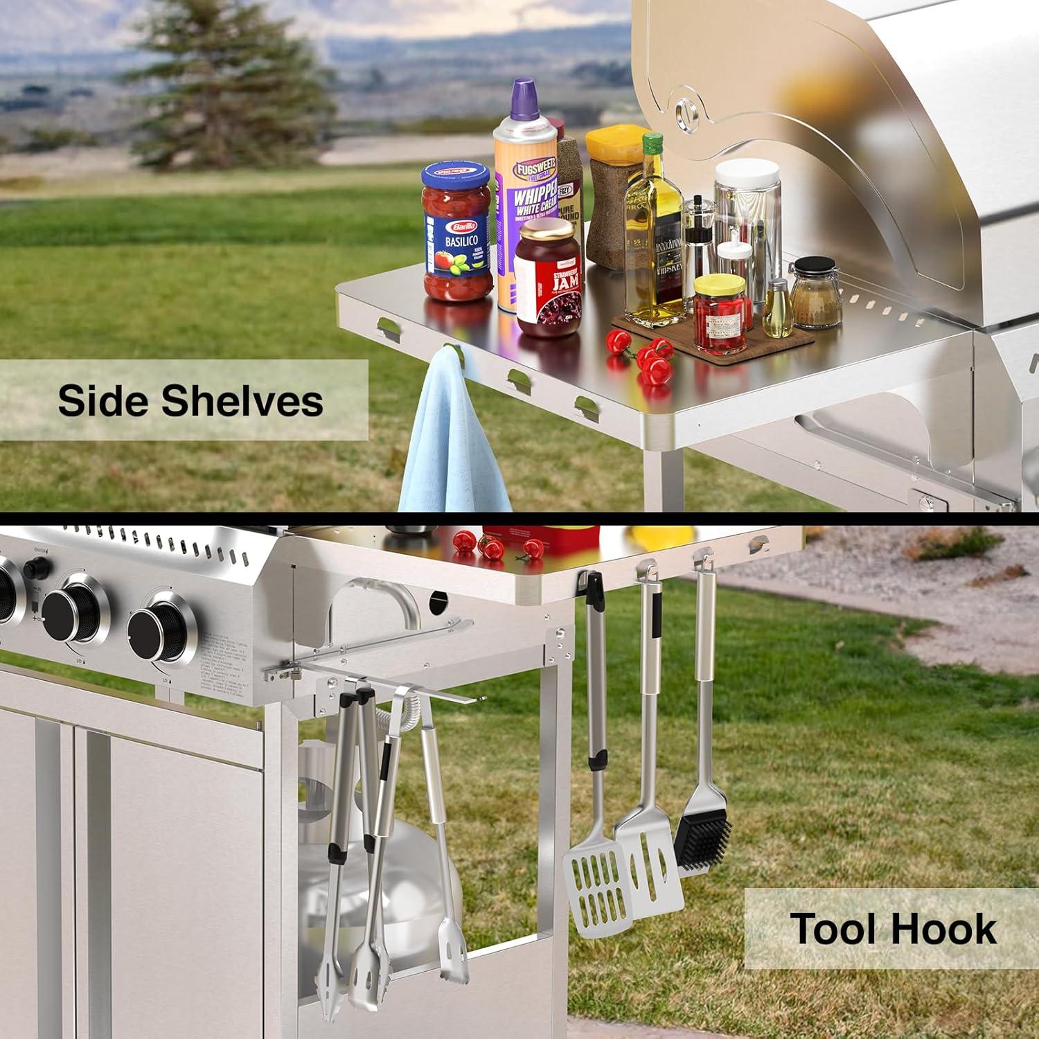 image4Burner Propane Gas Grill with 304 Stainless Steel Cooking Grid Hanging HooksHeatResistant Handle 32000BTU Stainless Steel BBQ Grill with Portable Wheels for CampingPatioBackyard
