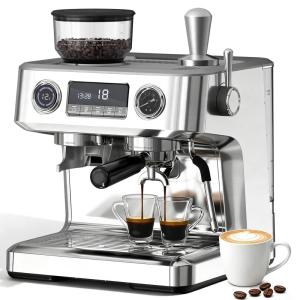 imageElectric 20 Bar Espresso Machine Programmable DualBoiler Expresso Coffee Machine with 30 Grinder Settings ampamp Milk Frother for LatteCappuccino 95oz Removable Tank 58MM LED Display for Home Silver