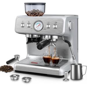 imageEspresso Machine with Builtin GrinderProfessional 15 Bar Espresso Maker with Milk Frother Steam WandStainless Steel Espresso Coffee Machine with Removable Water Tank for Cappuccino Latte