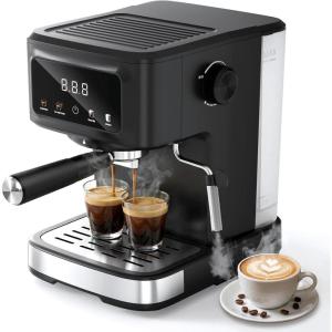 imageEspresso Machine with Milk Frother Compact Coffee Maker for Home Cappuccino amp Latte 15 Bar Pump Dual Stainless Steel Filters LED Touch Screen Removable Water Tank amp Drip TrayBlack