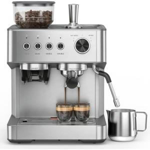 image2026 Upgrade 15 Bar Espresso Machine with Builtin AntiClog Coffee Grinder Expresso Coffee Machines with Milk Steam WandFrotherTamping ToolsEspresso Maker with Grinder for LattesAlmondSilver